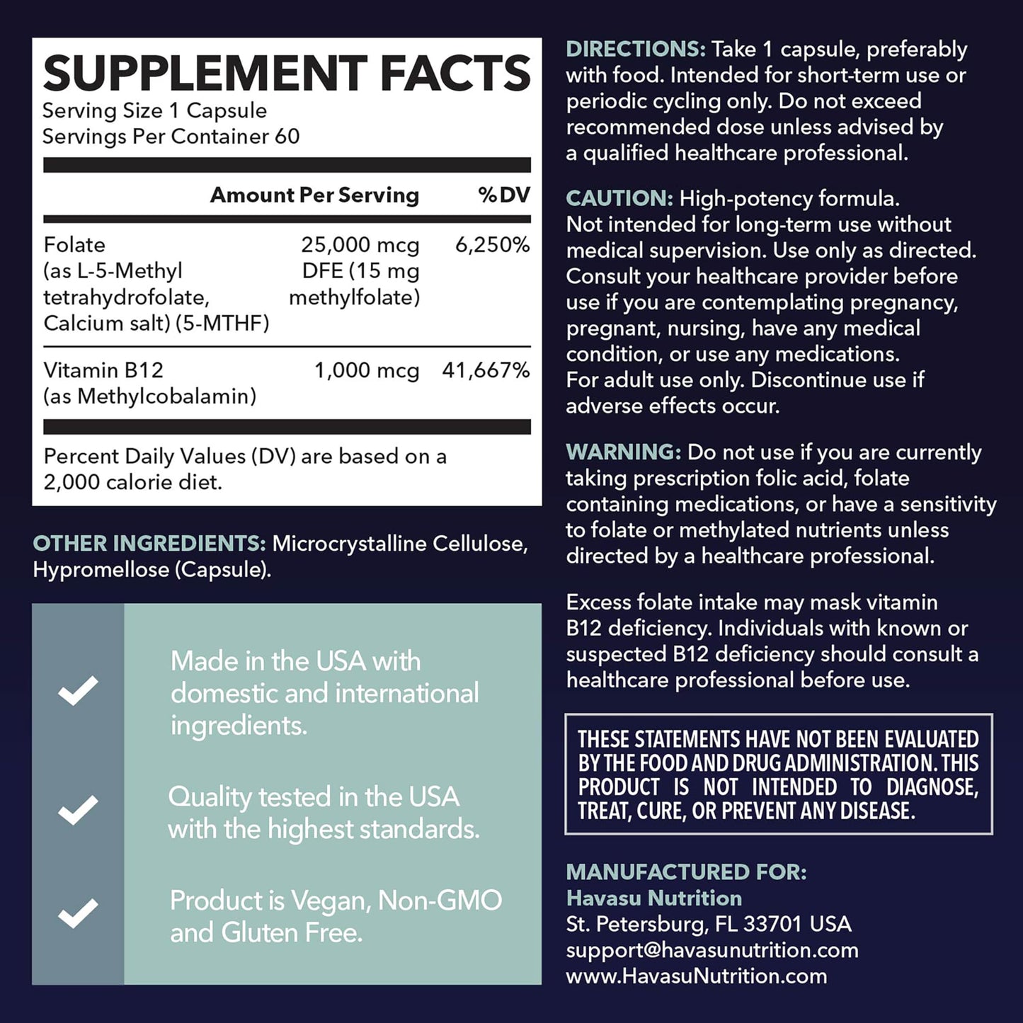 HAVASU NUTRITION L-MethylFolate 15 Mg Plus Methyl B12, High Strength 5 MTHF, 60 Capsules