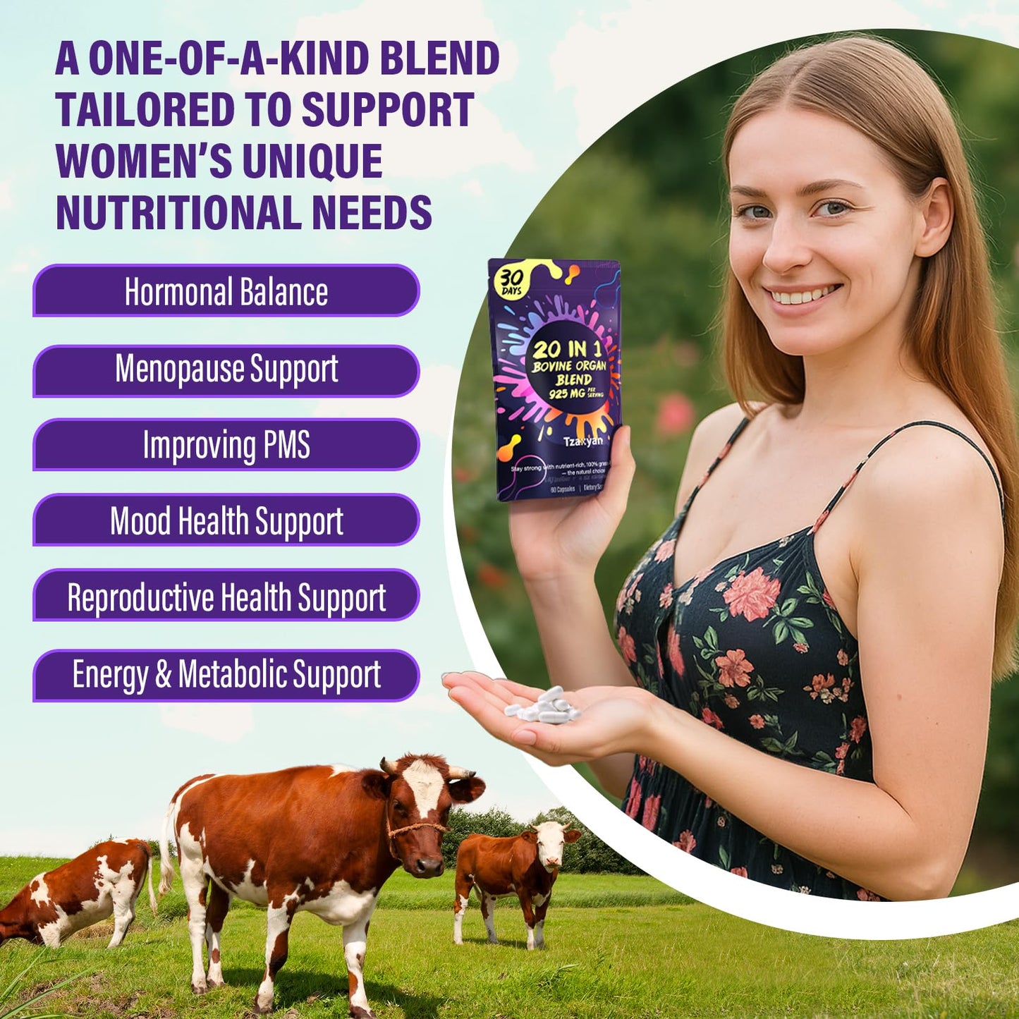 tzaxyan 20-In-1 Beef Organ Supplement for Women Capsule, 60 Count