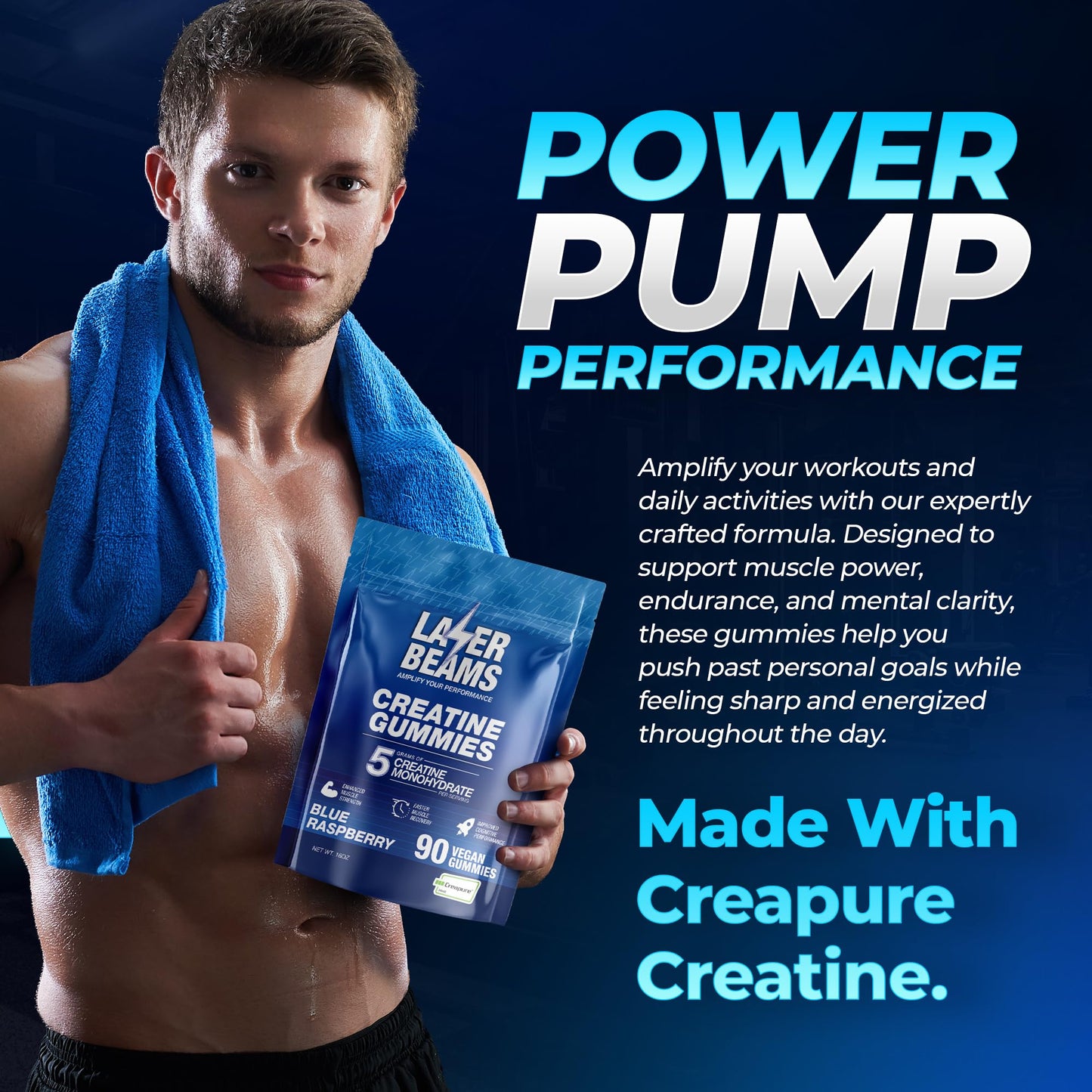 Laser Beams Creatine Monohydrate Gummies 5000mg Creapure Blueberry Flavor, 90 Count