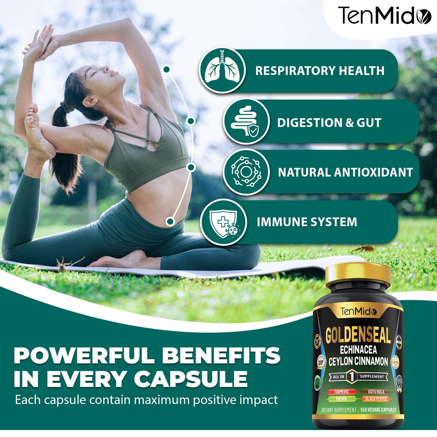Tenmido Goldenseal Root Supplement Capsules, 150 Count