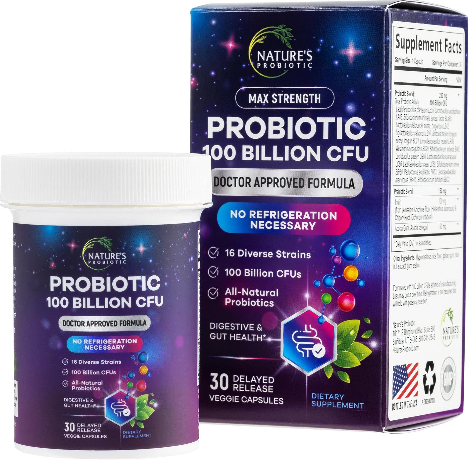 Nature's Probiotic Probiotics for Digestive Health - Probiotic Blend 100 Billion CFU Per Capsule, 16 Premium Strains & Prebiotics, 30 Capsules