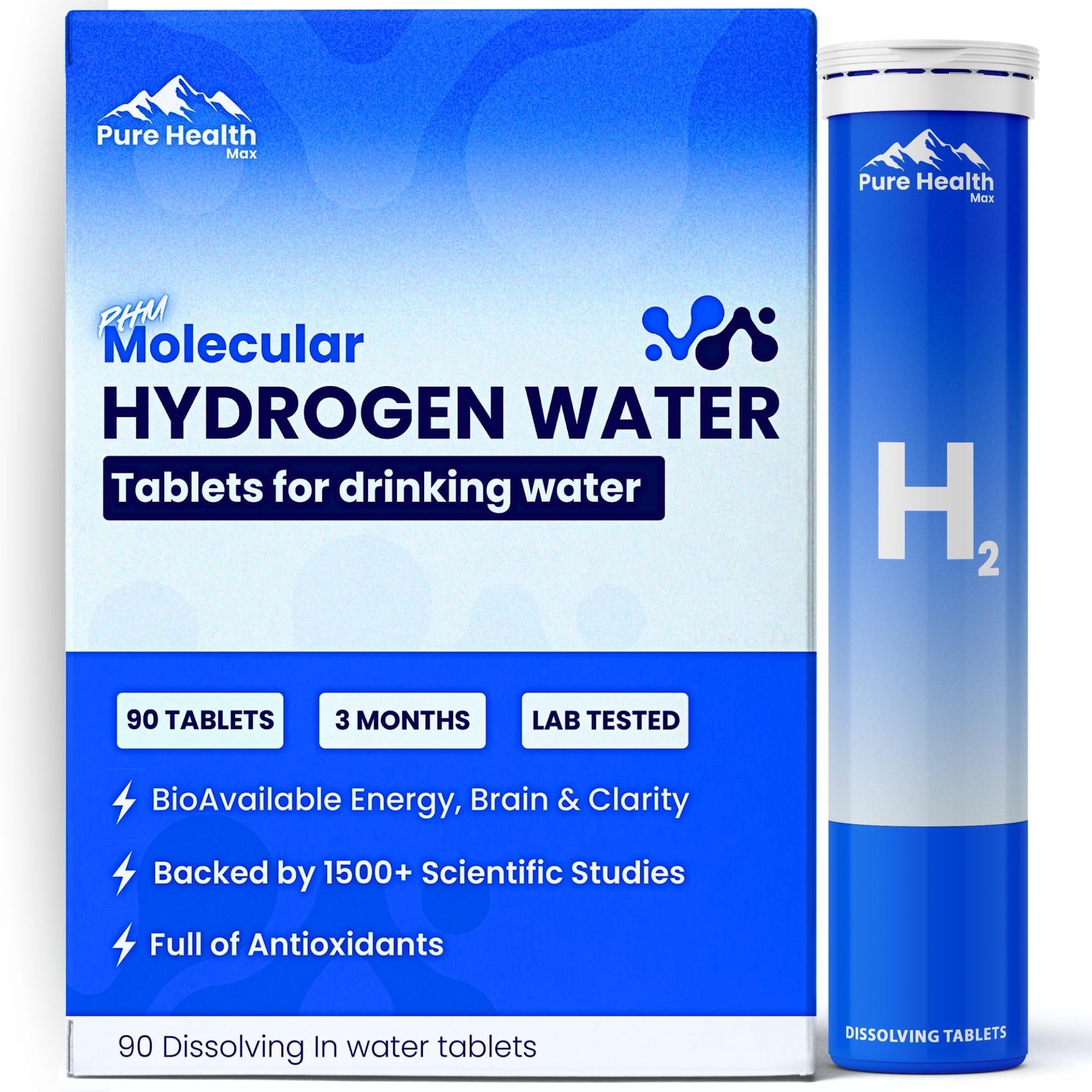PURE HEALTH MAX Hydrogen Water Tubes H2 Molecular Tabs, Magnesium Pills Electrolytes Hydration Supplement, 90 Tablets