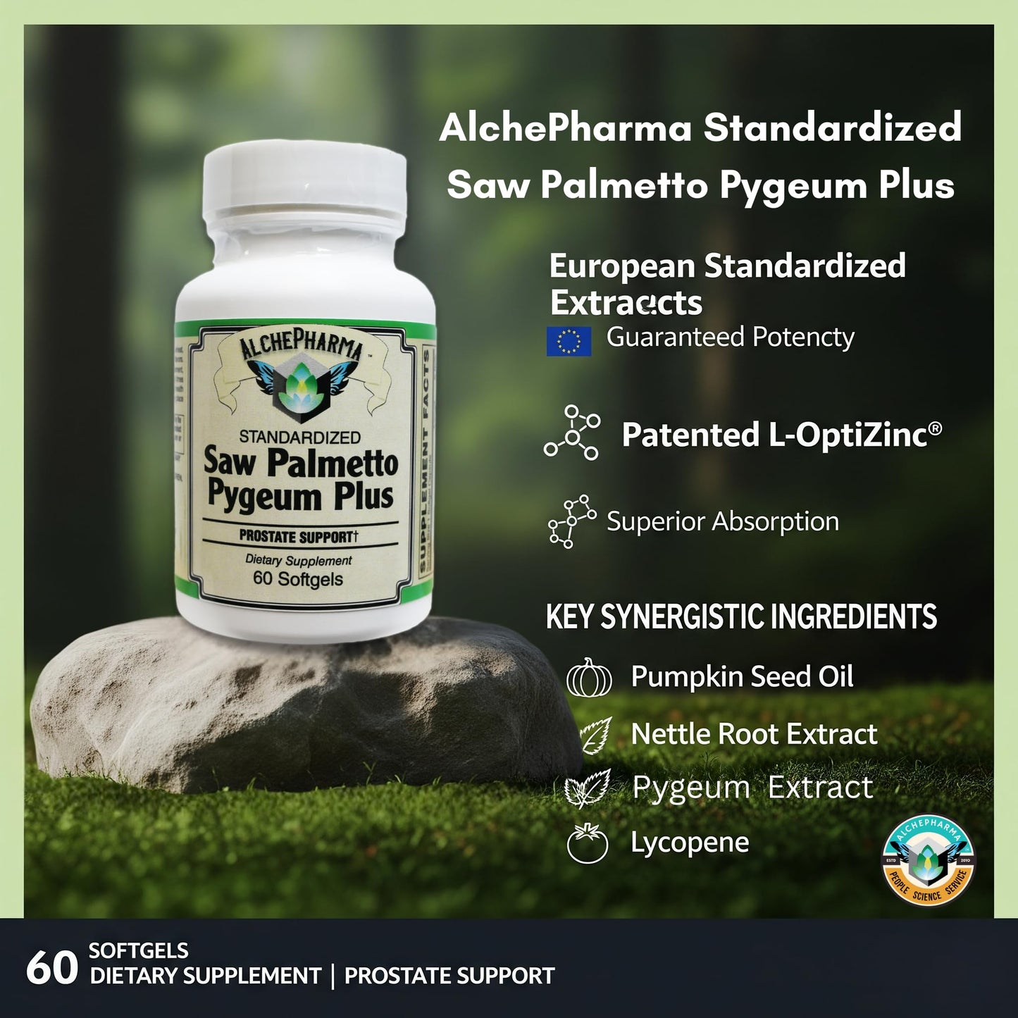 AlchePharma Saw Palmetto & Pygeum Plus-Prostate Support European Standardized Professional Formula Softgel 60 Count