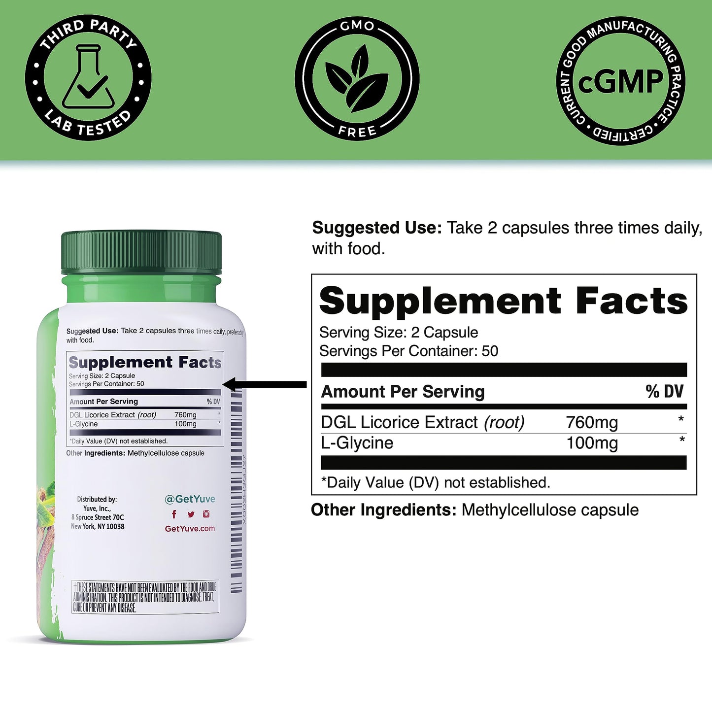 Yuve Vegan DGL Licorice 760mg Capsule 100 Count