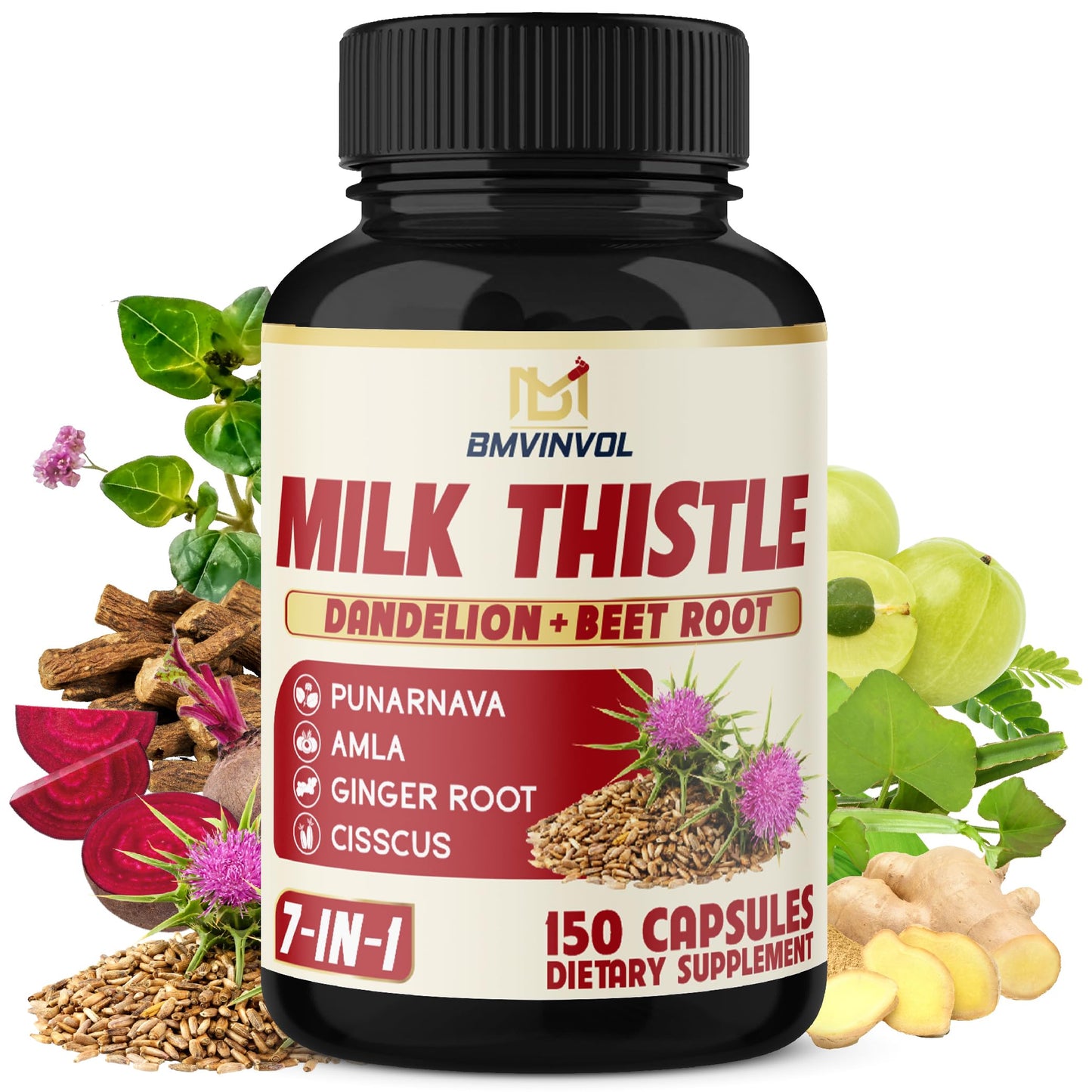 BMVINVOL Milk Thistle Capsules with Beet Root, Punarnava, Amla, Ginger, Dandelion, Cissus 150 Count