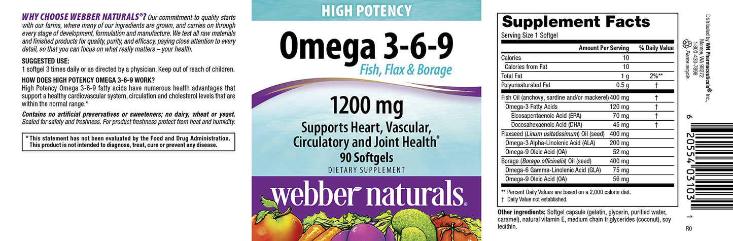 Webber Naturals Omega 3-6-9 Flaxseed, Fish and Borage Oil Softgels, 90 Count