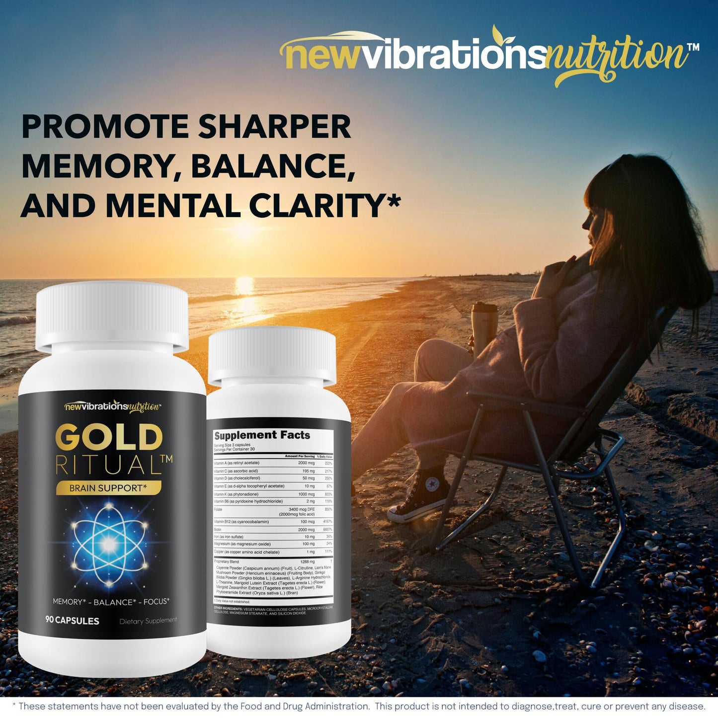 New Vibrations Nutrition Gold Ritual Advanced Memory Formula Capsules 90 Count