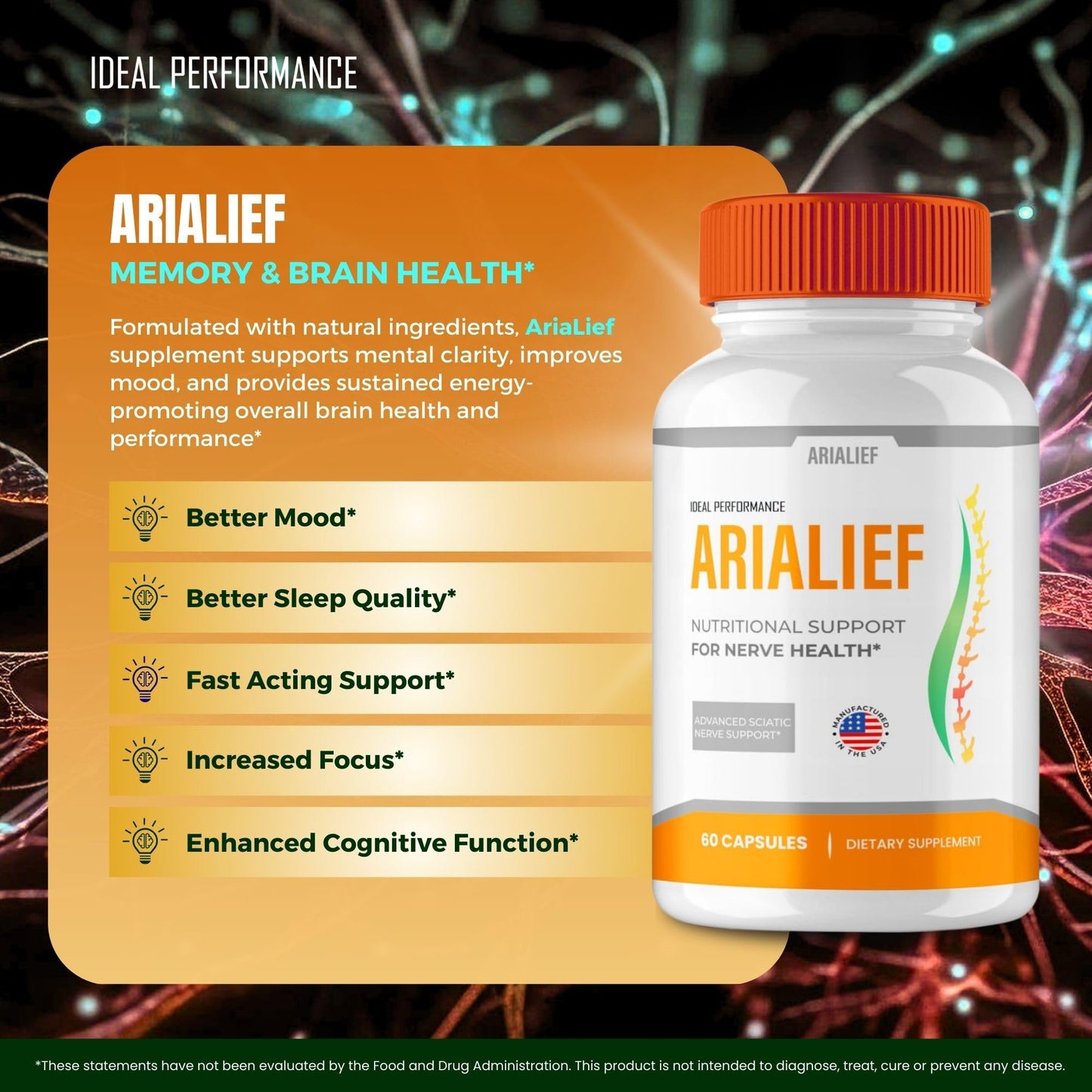 IDEAL PERFORMANCE Arialief Brain Supplements for Memory and Focus Capsules 60 Capsules