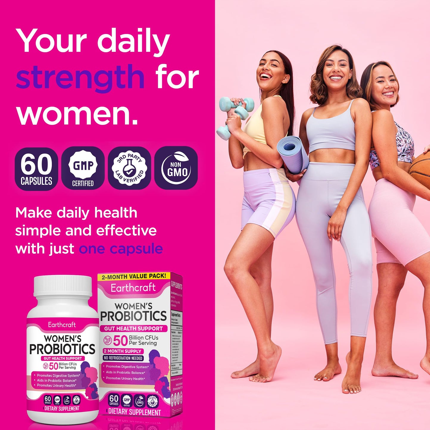 Earthcraft Probiotics for Women 50 Billion CFU – 10 Strains + Prebiotics for Vaginal Health, Digestive, Gut, PH Balance and Immune Health – Delayed Release Capsules, Non-GMO, Vegan, Support Nutrient Absorption, 60 Count