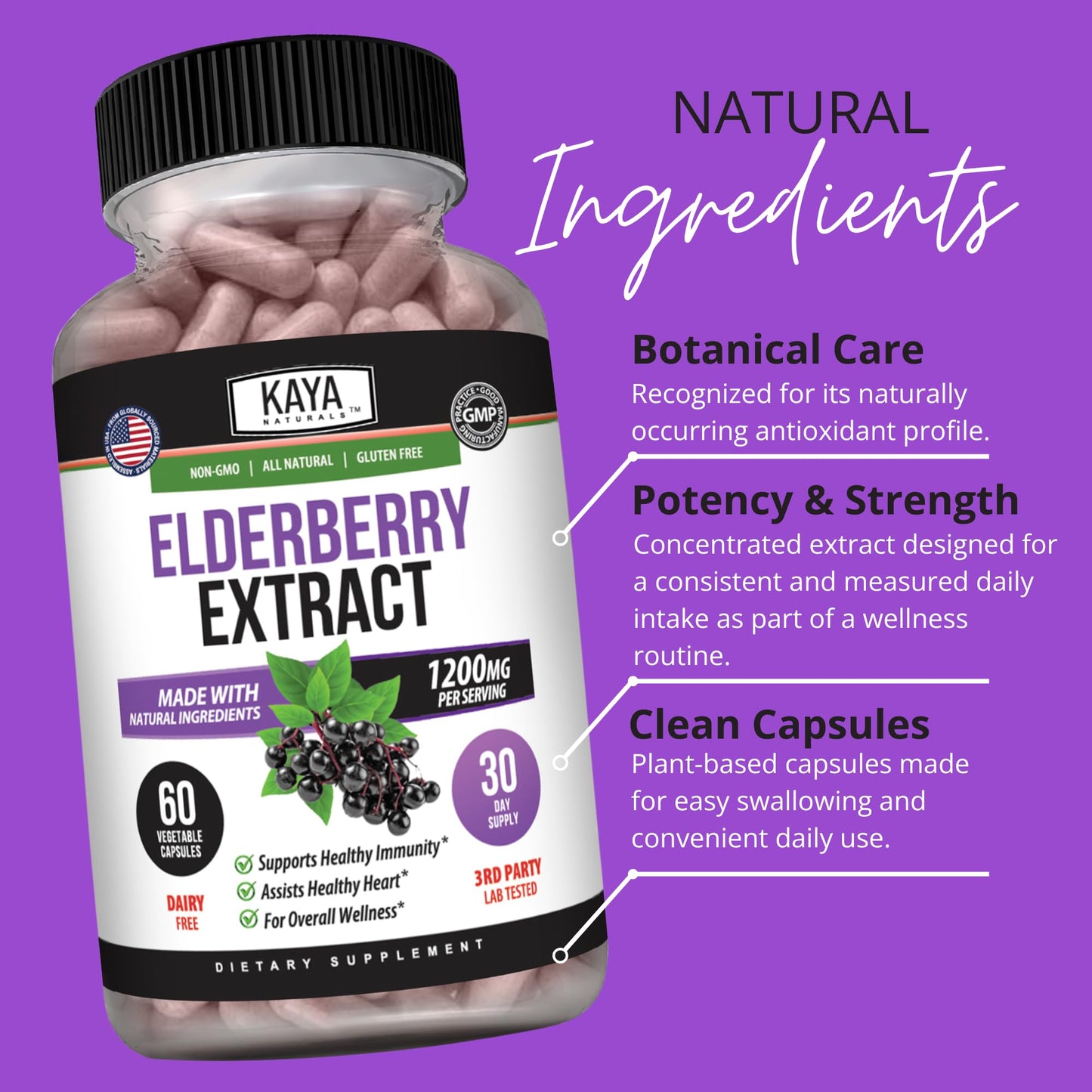 Kaya Naturals Elderberry Immune Support Capsules, 60 Count