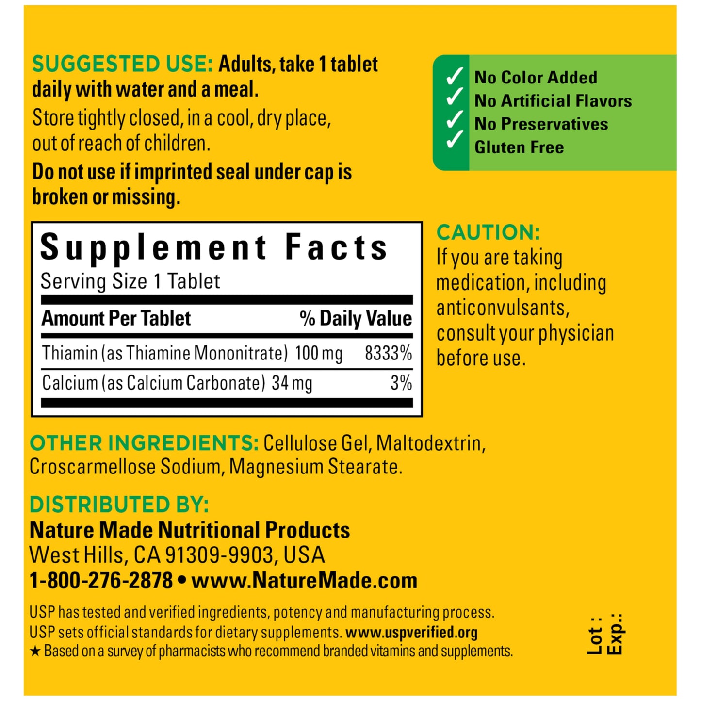 Nature Made Vitamin B1 100mg Thiamine Tablet, 100 Tablets