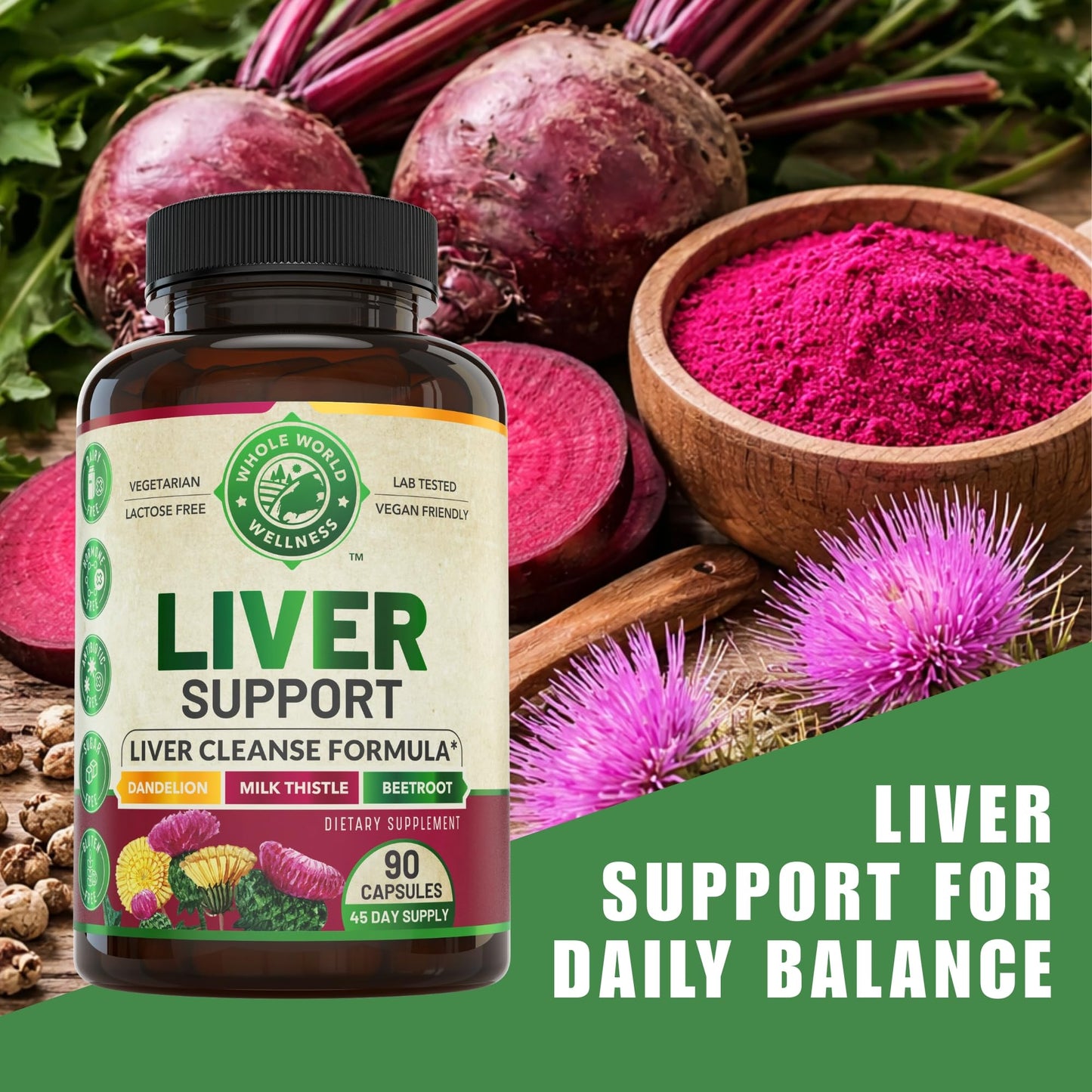 WHOLE WORLD WELLNESS Advanced Liver Cleanse Detox & Repair Formula with Milk Thistle Capsules, 90 Capsules