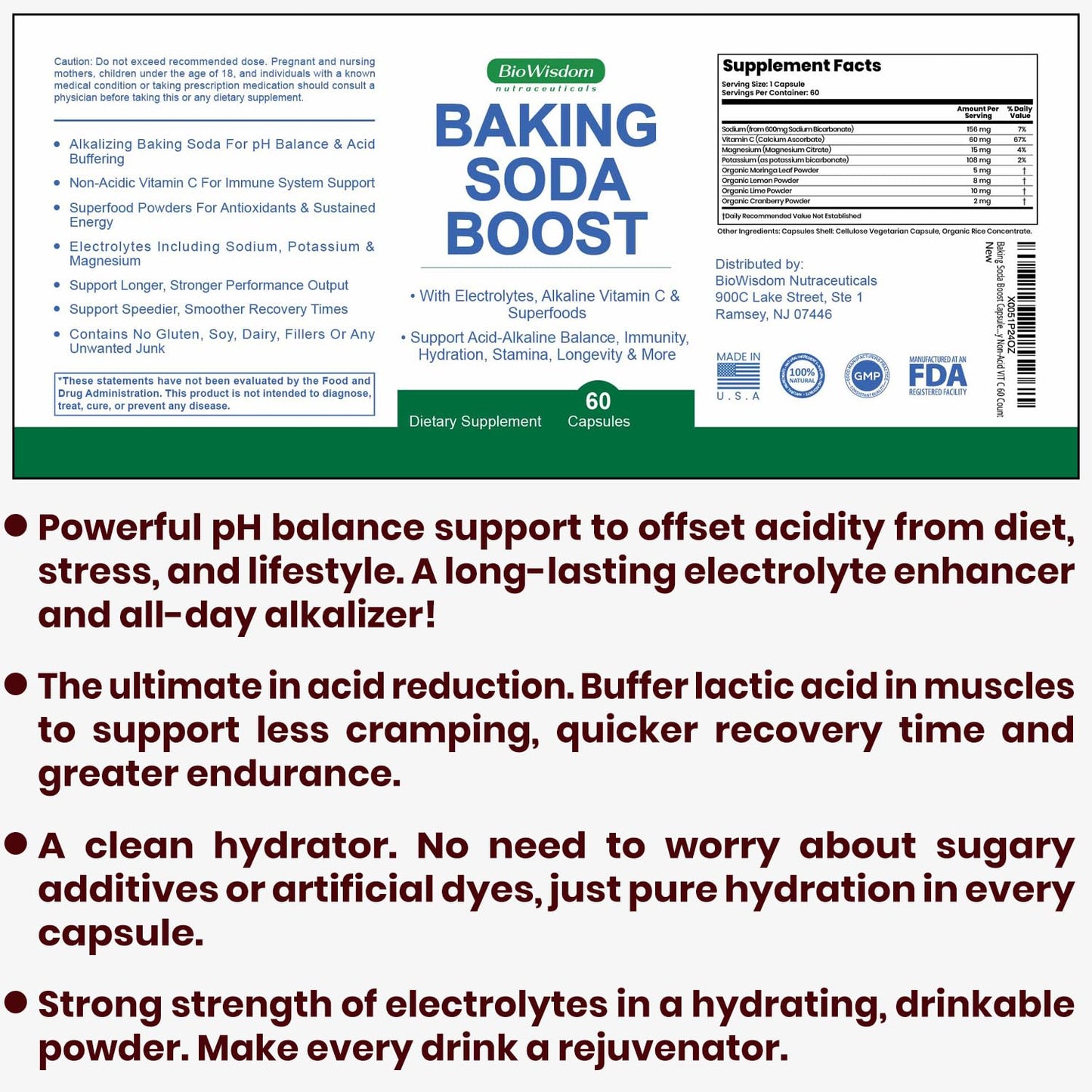 BioWisdom Nutraceuticals Baking Soda Boost Capsules for Alkalinity & Immunity, 60 Capsules