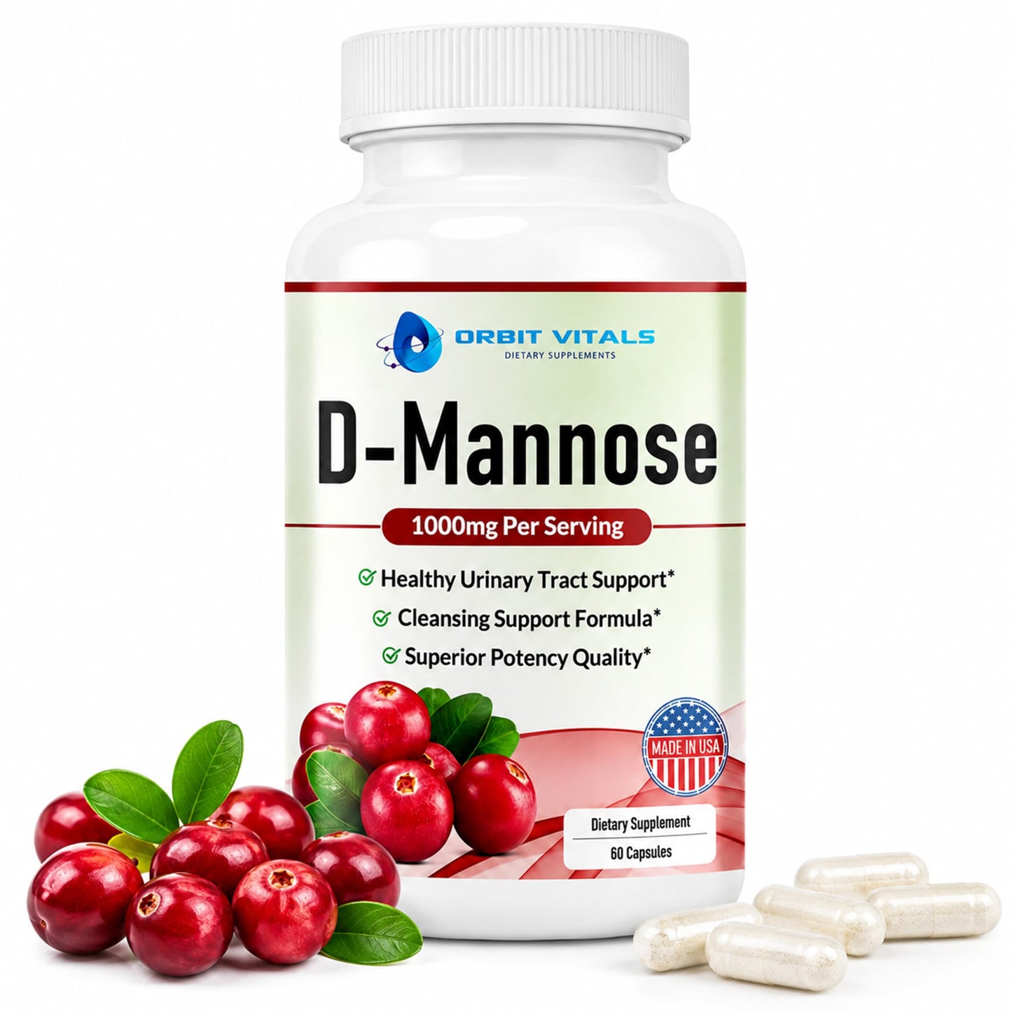 Orbit Vitals D-Mannose with Cranberry, Dandelion & Hibiscus Extract Aids in Bladder, Urinary Tract Support, Flush Impurities, Ultra Absorption Gluten Free & Non GMO, 60 Capsules