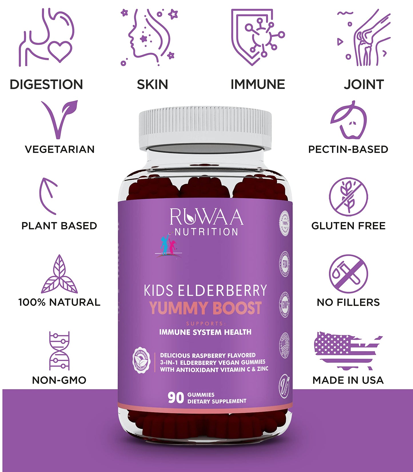 RUWAA NUTRITION Elderberry Gummies with Zinc & Vitamin C, Immune Support, 60 Gummies