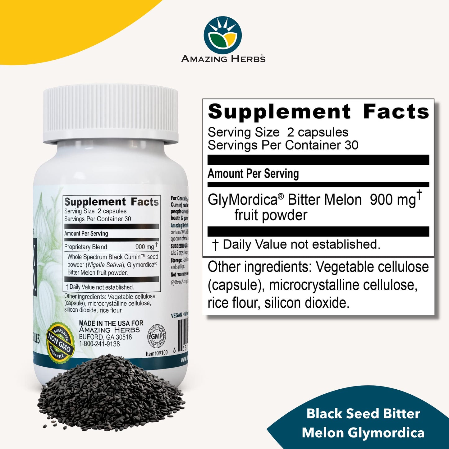 Amazing Herbs Black Seed with GlyMordica Bitter Melon - Premium Nigella Sativa and Momordica Charantia, Non-GMO & No Preservatives, Promotes Health & Wellness, Capsules, 60 Count