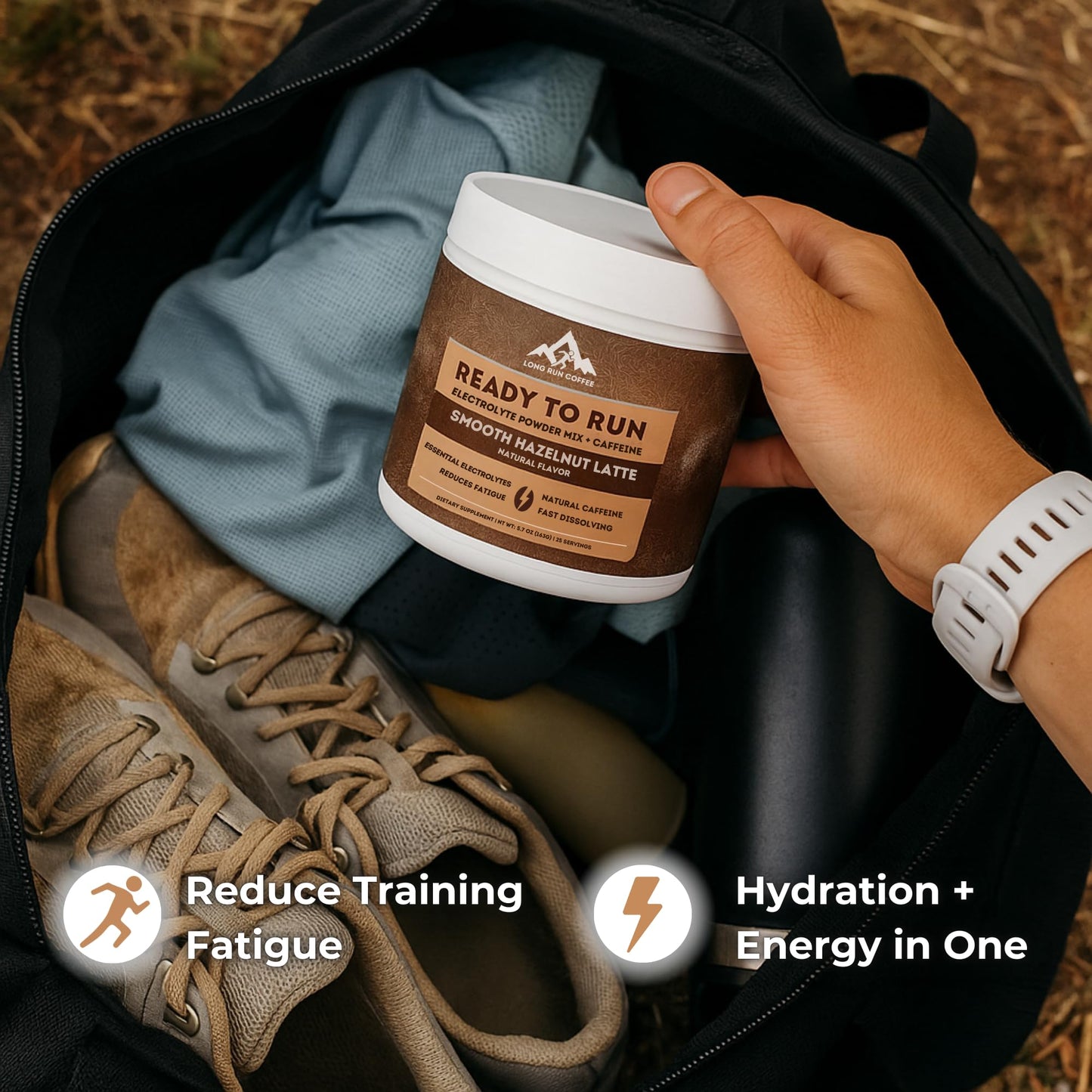 Long Run Coffee Ready to Run Electrolytes + Caffeine Powder Mix Hazelnut Latte, Powder, 5.7 oz