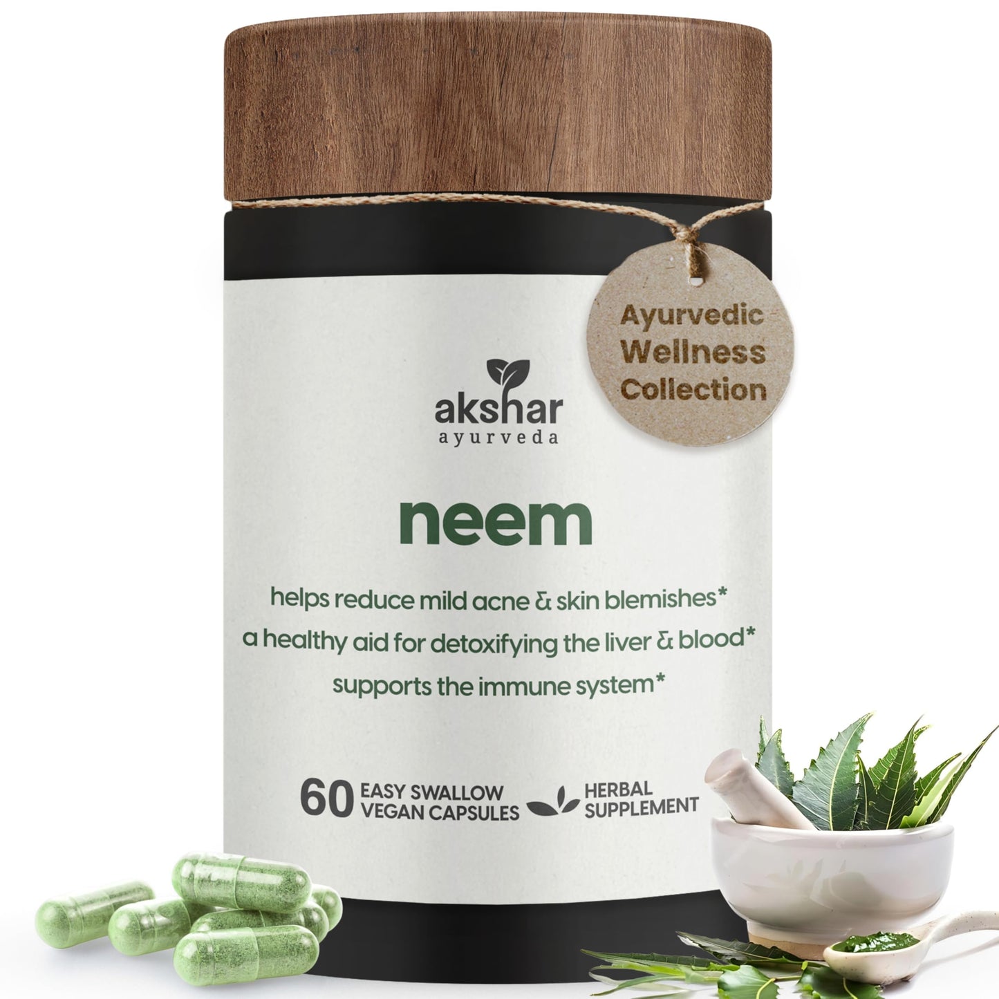 AKSHAR Neem Extract and Neem Leaf Powder Capsules, 60 Count