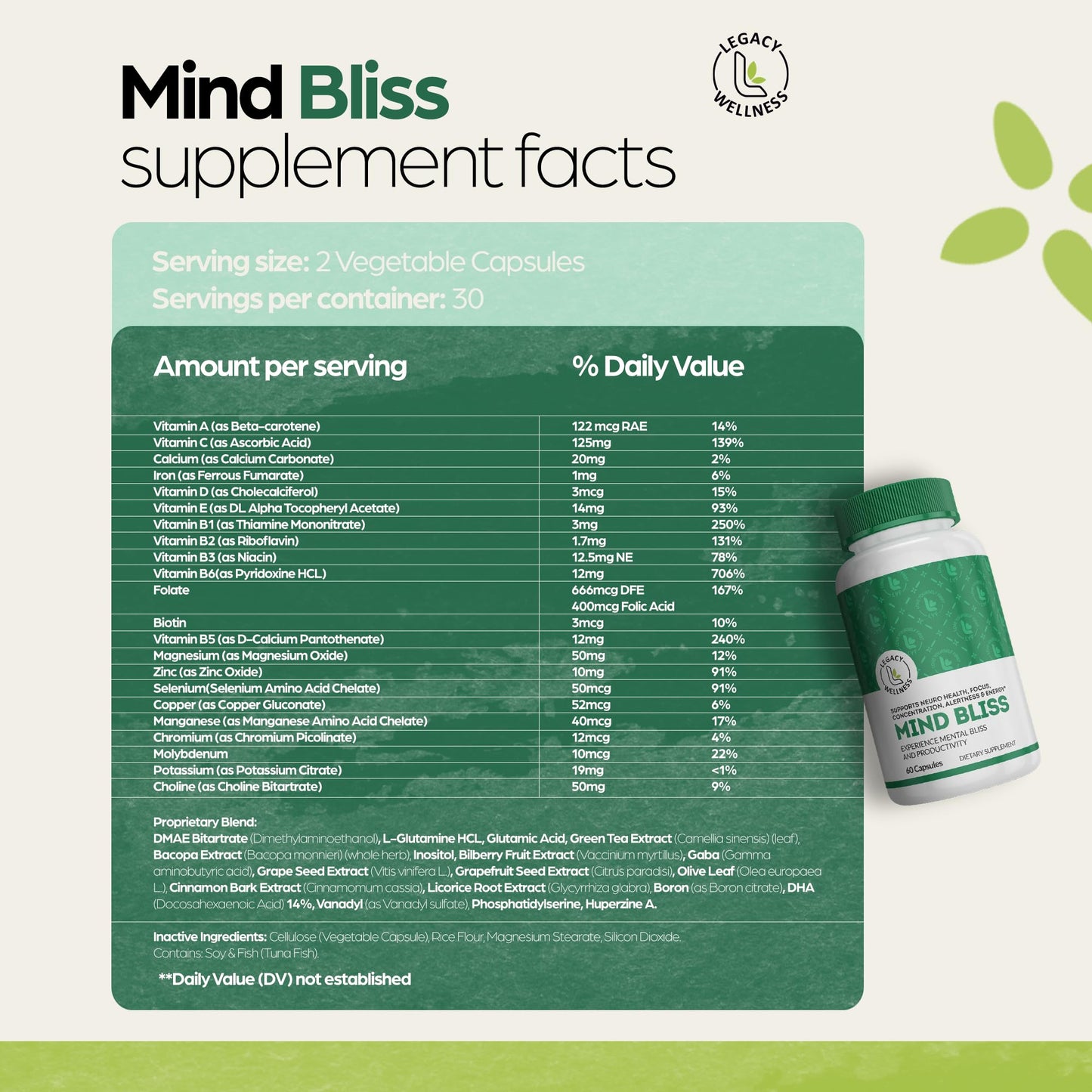 LegacyNutra Mind Bliss Brain Supplement Capsules, 60 Capsules