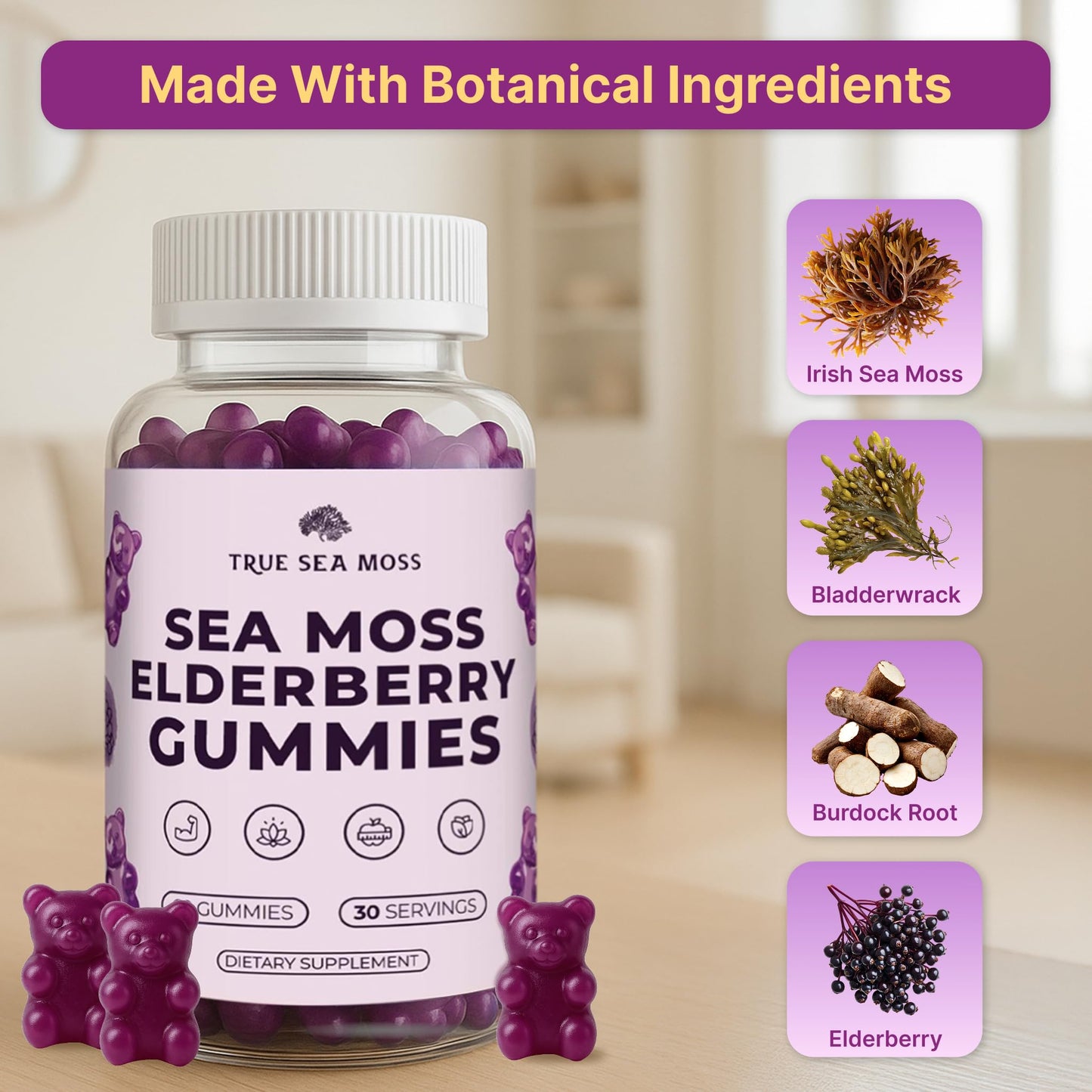 TrueSeaMoss Sea Moss Gummies with Elderberry, Burdock Root & Bladderwrack – for Adults & Kids 4+ – Fruity Flavor – 60 Gummies