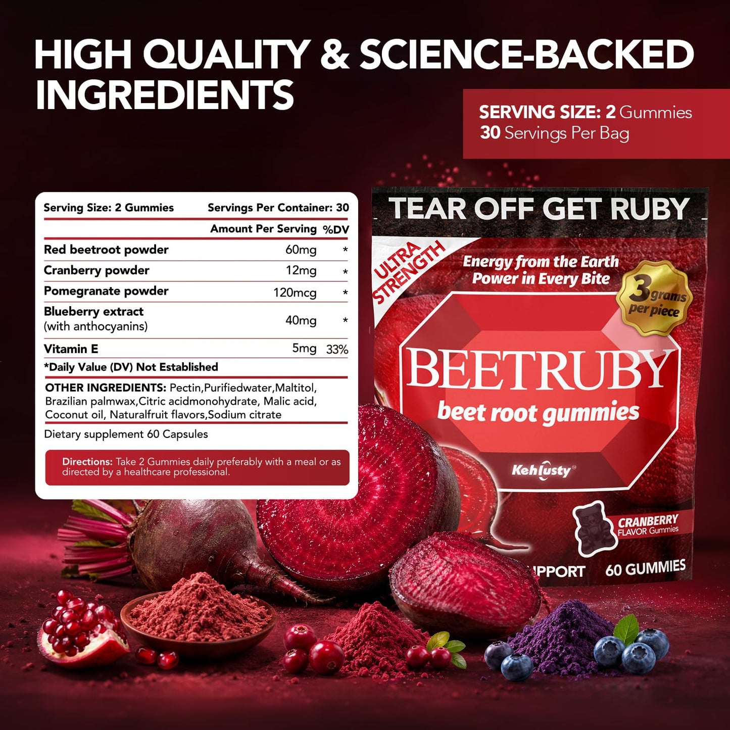 KEHLUSTY Beet Root Gummies 60 Gummies