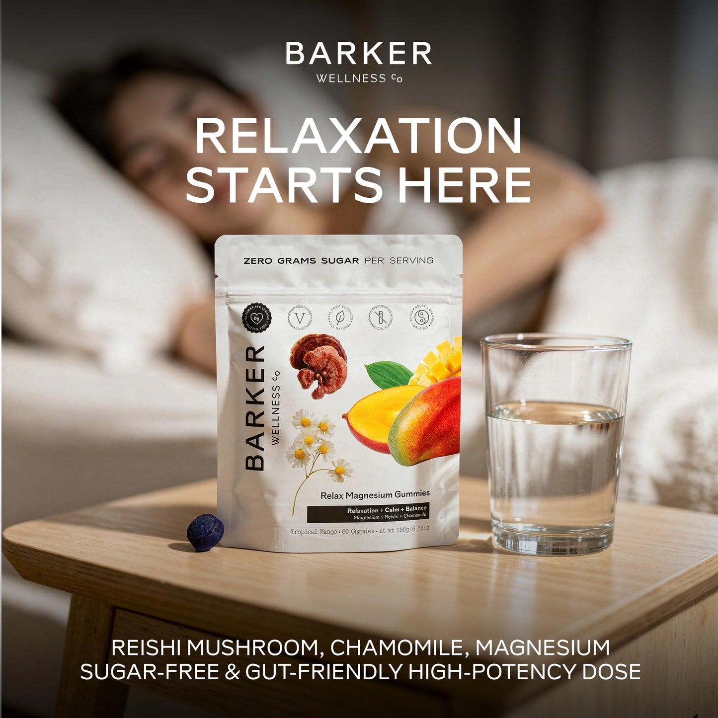Barker Wellness Co Magnesium Gummies for Calm & Relaxation – Reishi, 60 Gummies