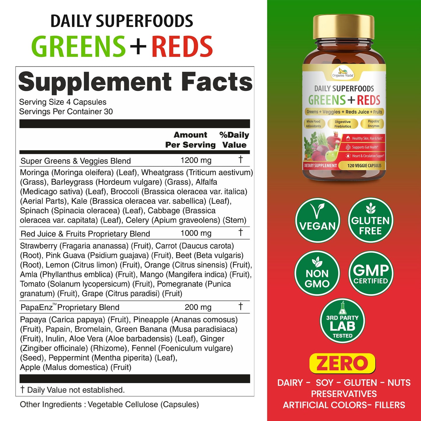 Organic Veda Mixed Greens, Reds, Fruits & Veggies Supplement Capsule 120 Count