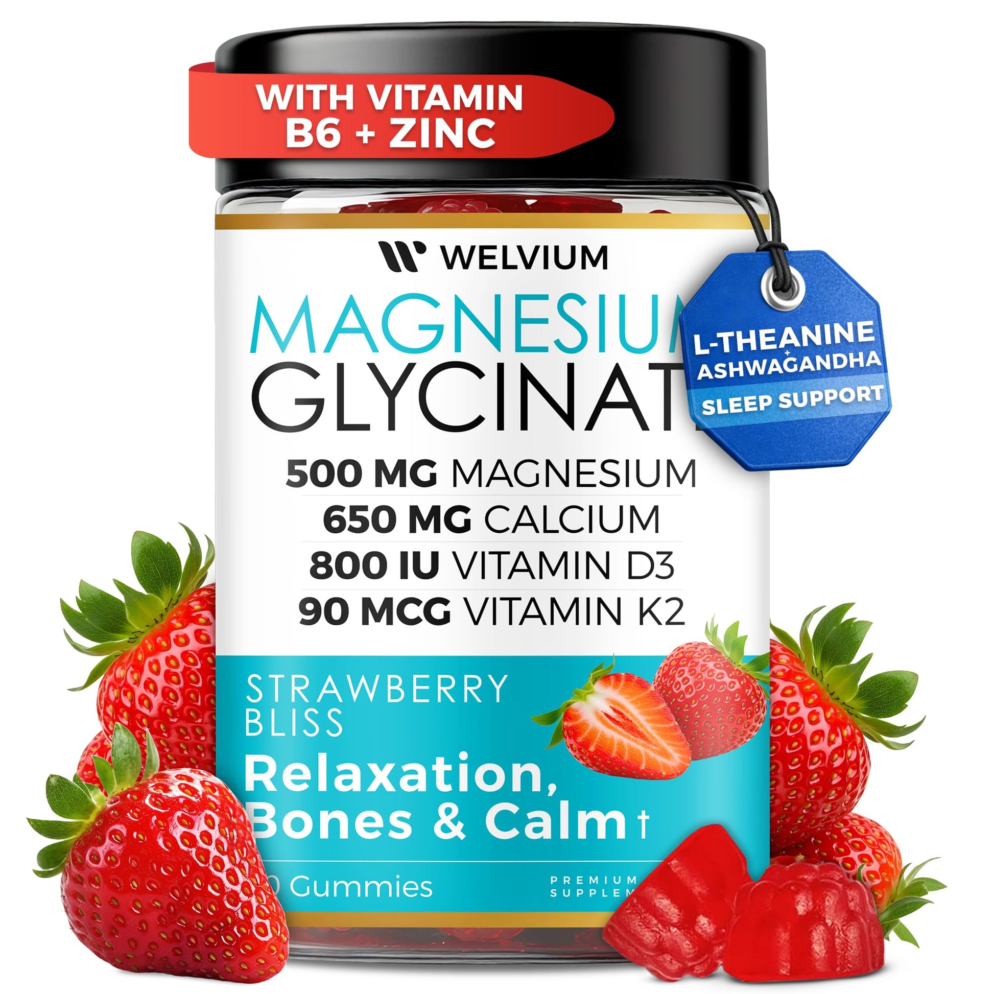 WELVIUM Magnesium Glycinate Gummies with Ashwagandha, L-Theanine, 60 Gummies