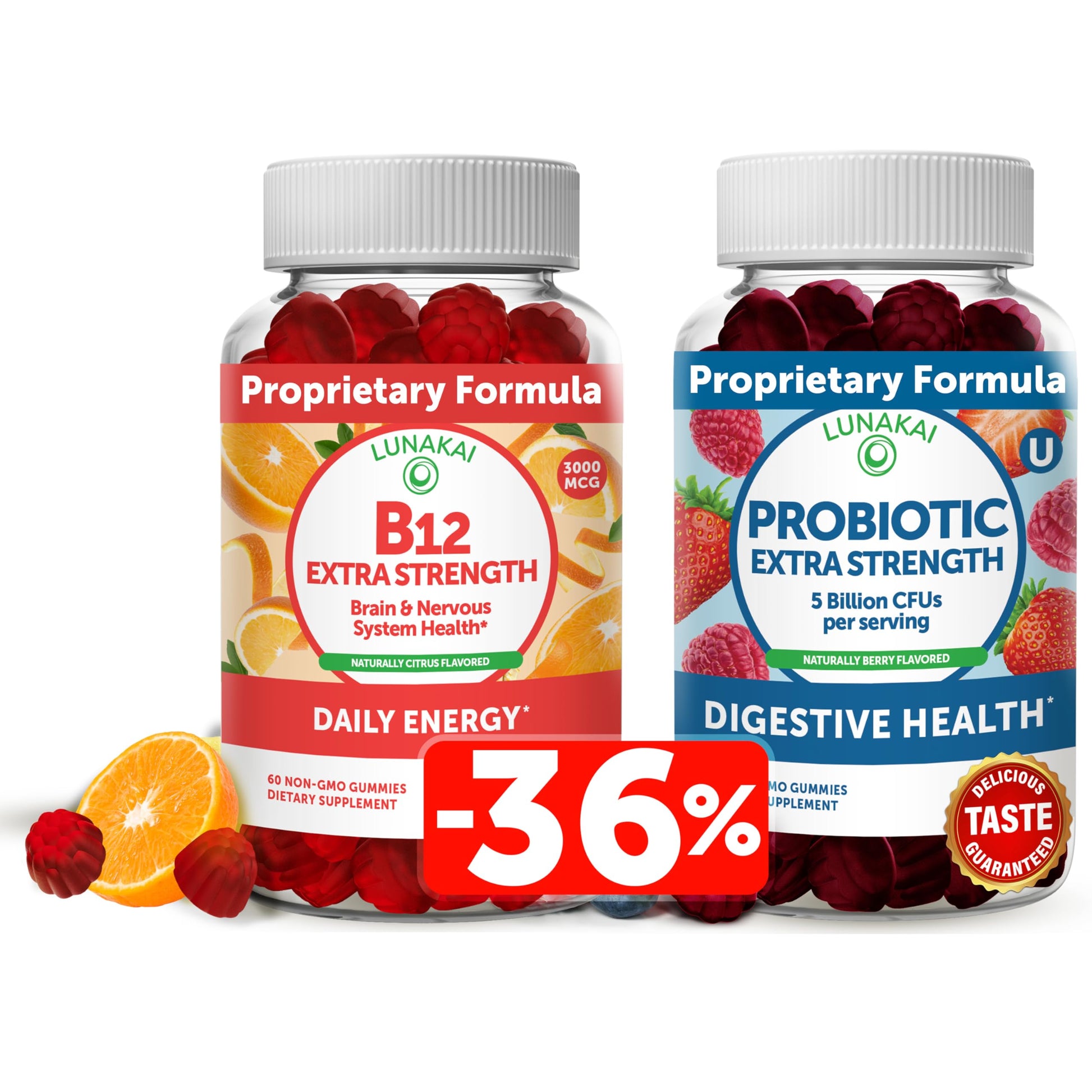 Lunakai Vitamin B12 and Probiotic Gummies Bundle - 3000 mcg B12, 5 Billion CFUs per Serving, Vitamin C for Adults, Women & Men, 1 Gummy