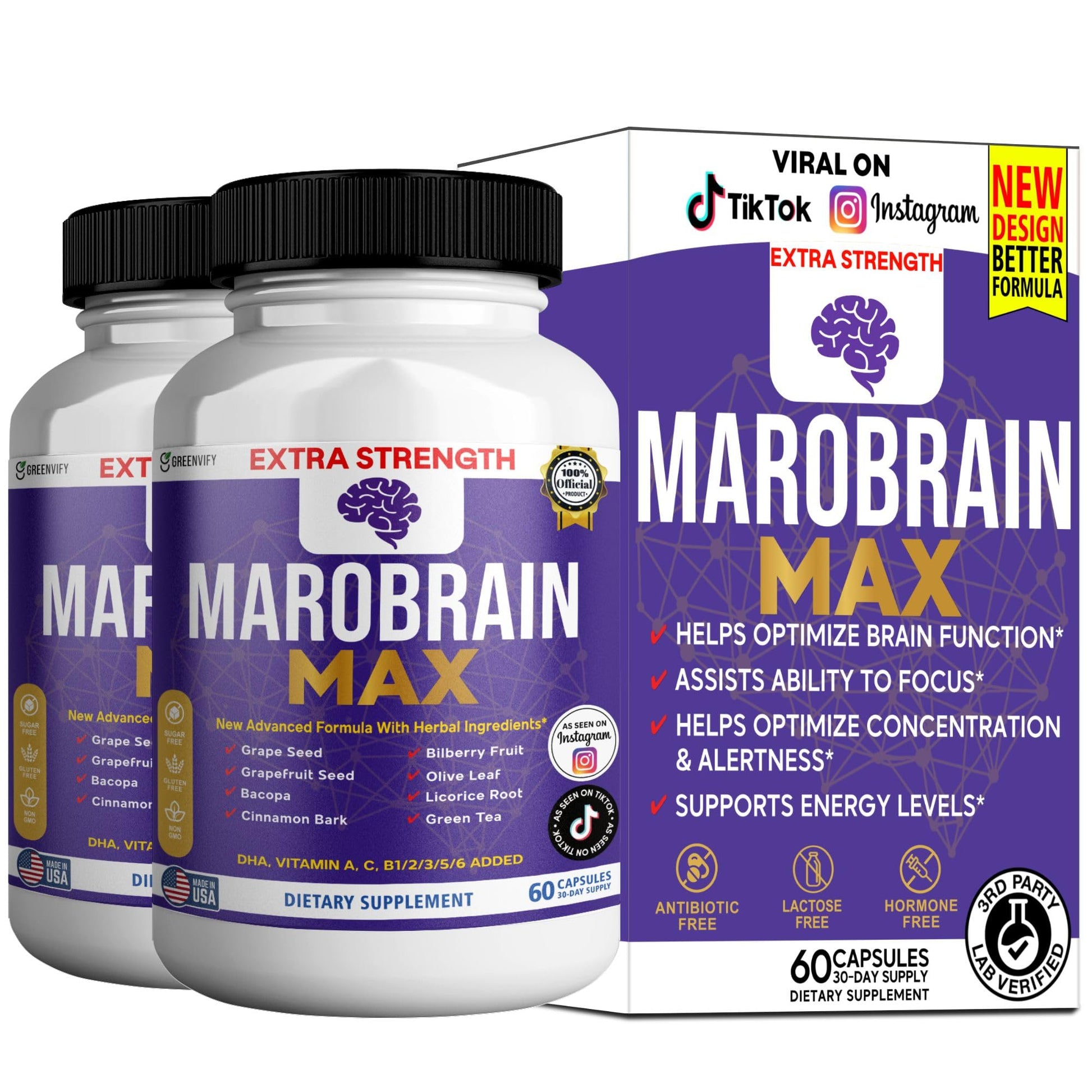 GREENVIFY Marobrain Max Extra Strength Brain Support Supplement, 60 Capsules