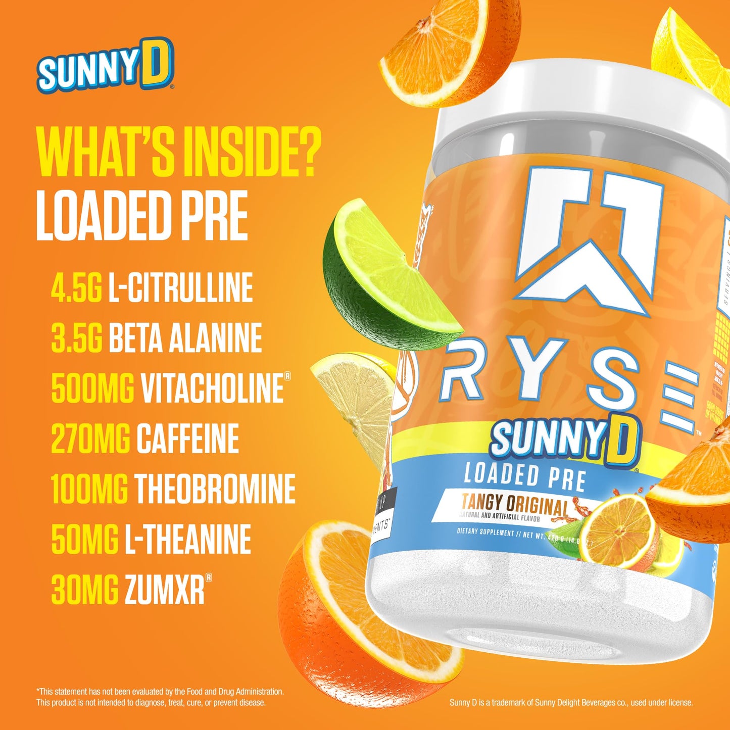 RYSE Up Supplements Loaded Pre Workout Powder SunnyD Tangy Original 15.3 oz