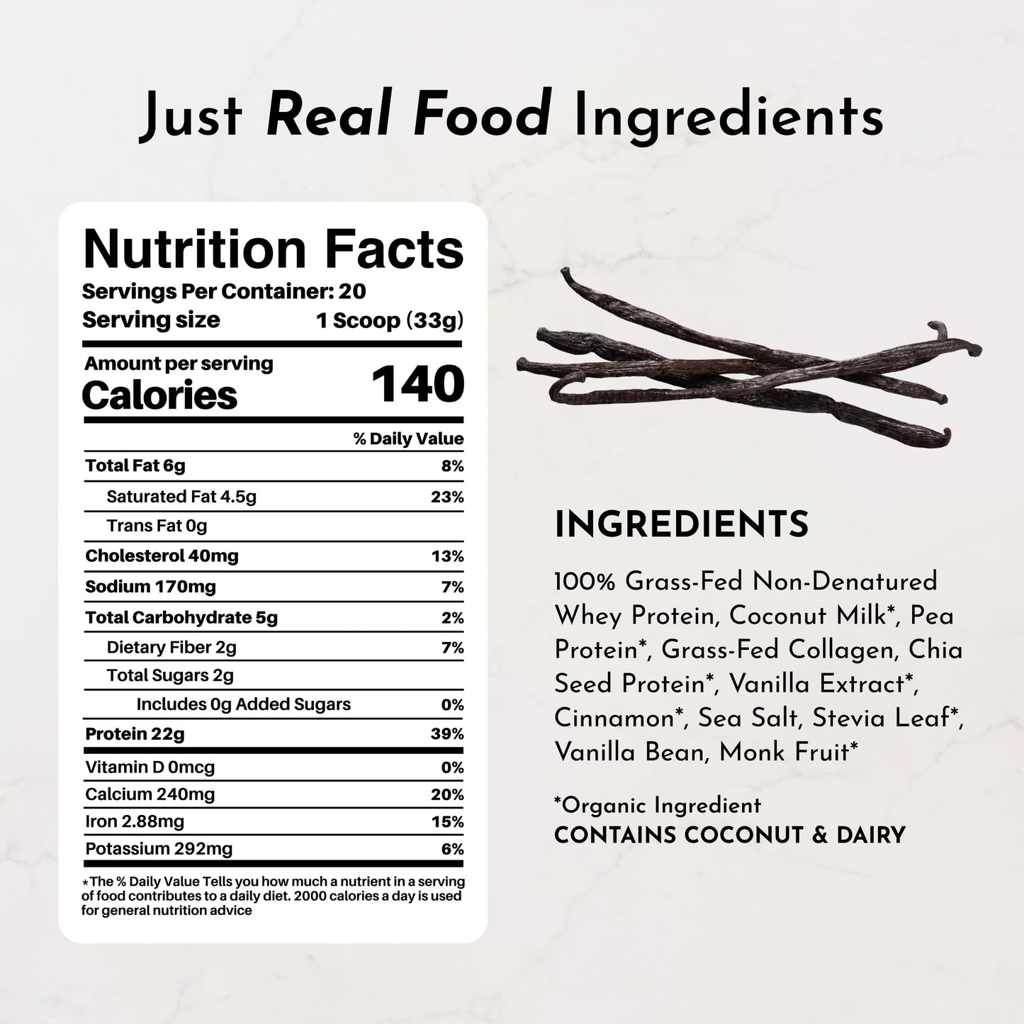 JUST INGREDIENTS Vanilla Bean Protein Powder (20 Servings)