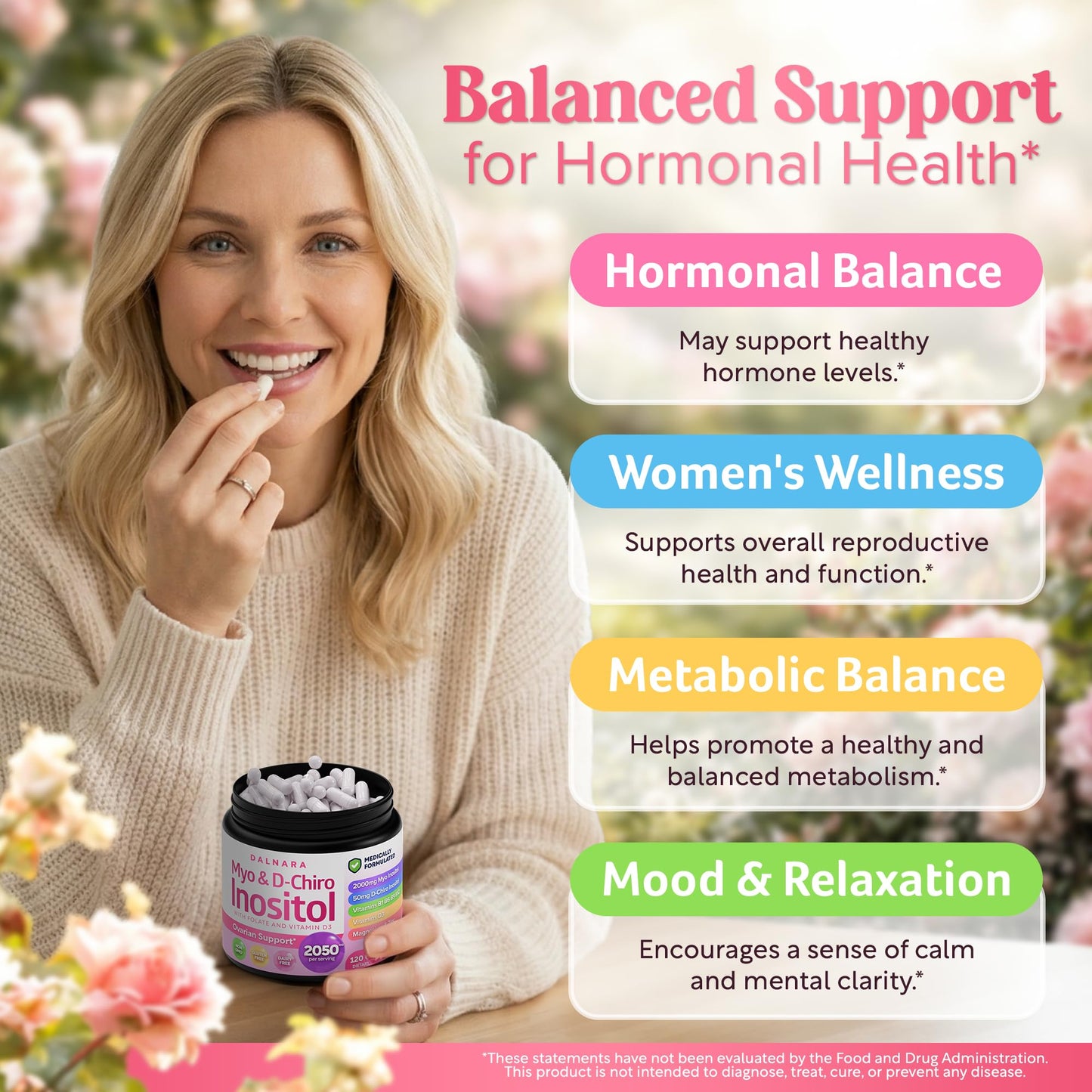 Dalnara Myo-Inositol & D-Chiro Inositol Supplement for Women - 40:1 Ratio with Folate, Vitamin D3, Magnesium & Zinc - Women's Wellness Multivitamin - 2050mg, 120 Capsules