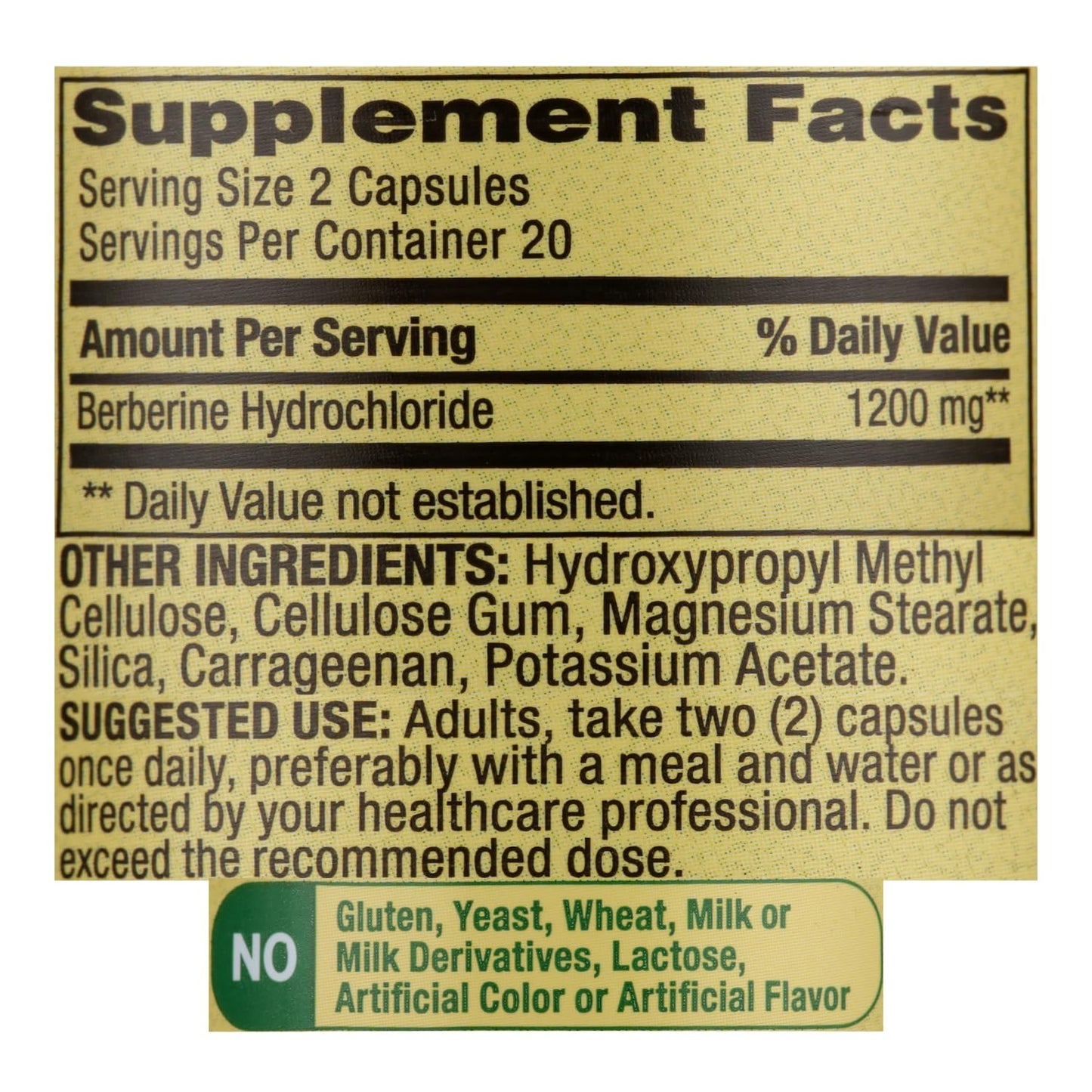 Generic 1200mg Berberine Herbal Supplement Vegetarian Capsules, 40 Count
