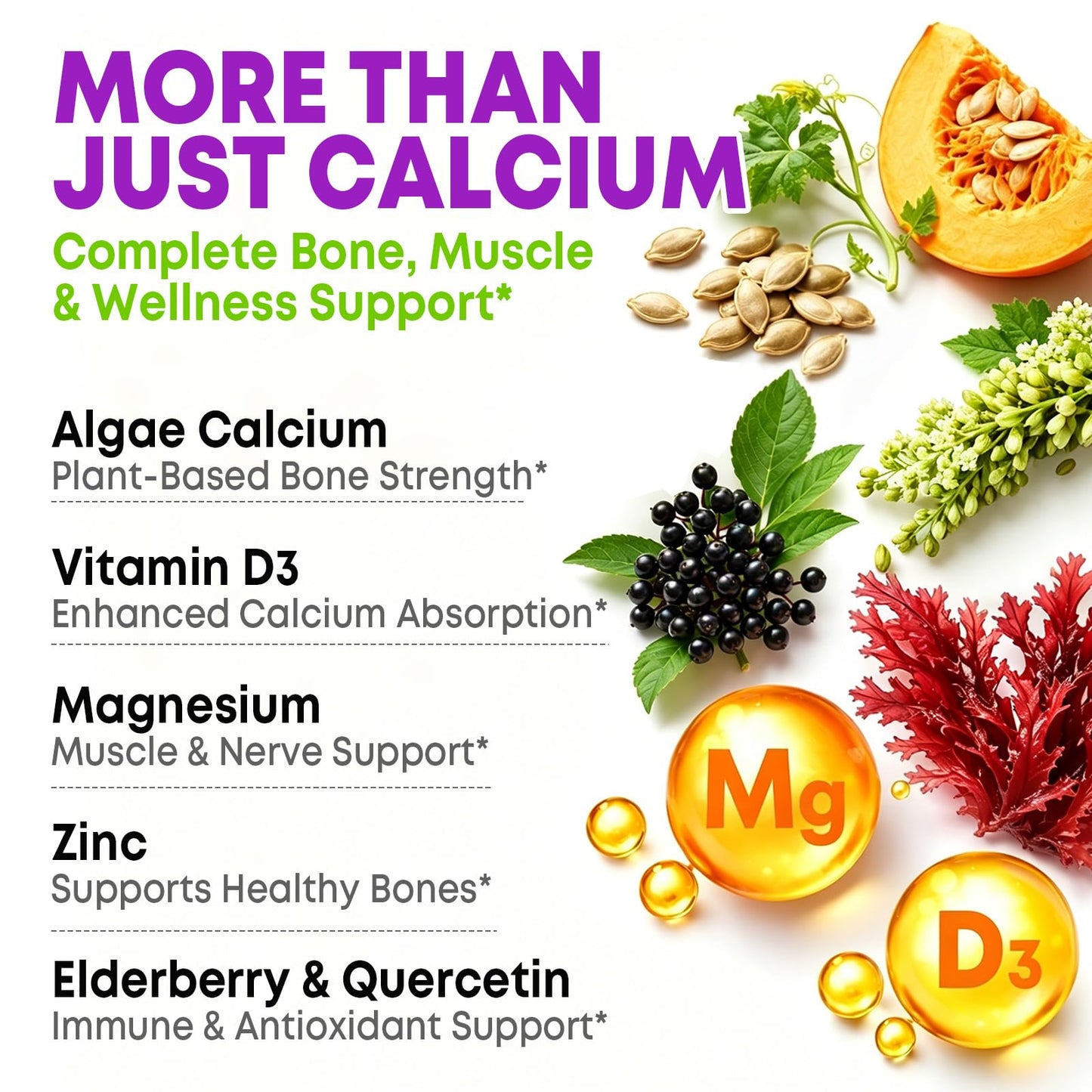 VZOXAINS Plant Based Calcium Gummies 600mg with Magnesium, Zinc & Vitamin D3 for Bone Strength, Sugar Free, 120 Count