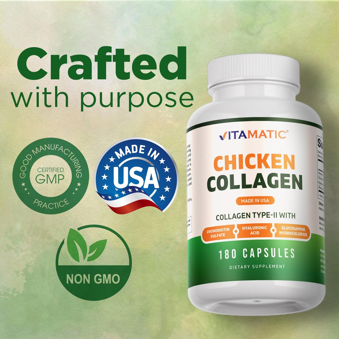 Vitamatic Chicken Collagen 3000 mg (Per Serving) with Glucosamine, Chondroitin & Hyaluronic Acid Capsules, 180 Count