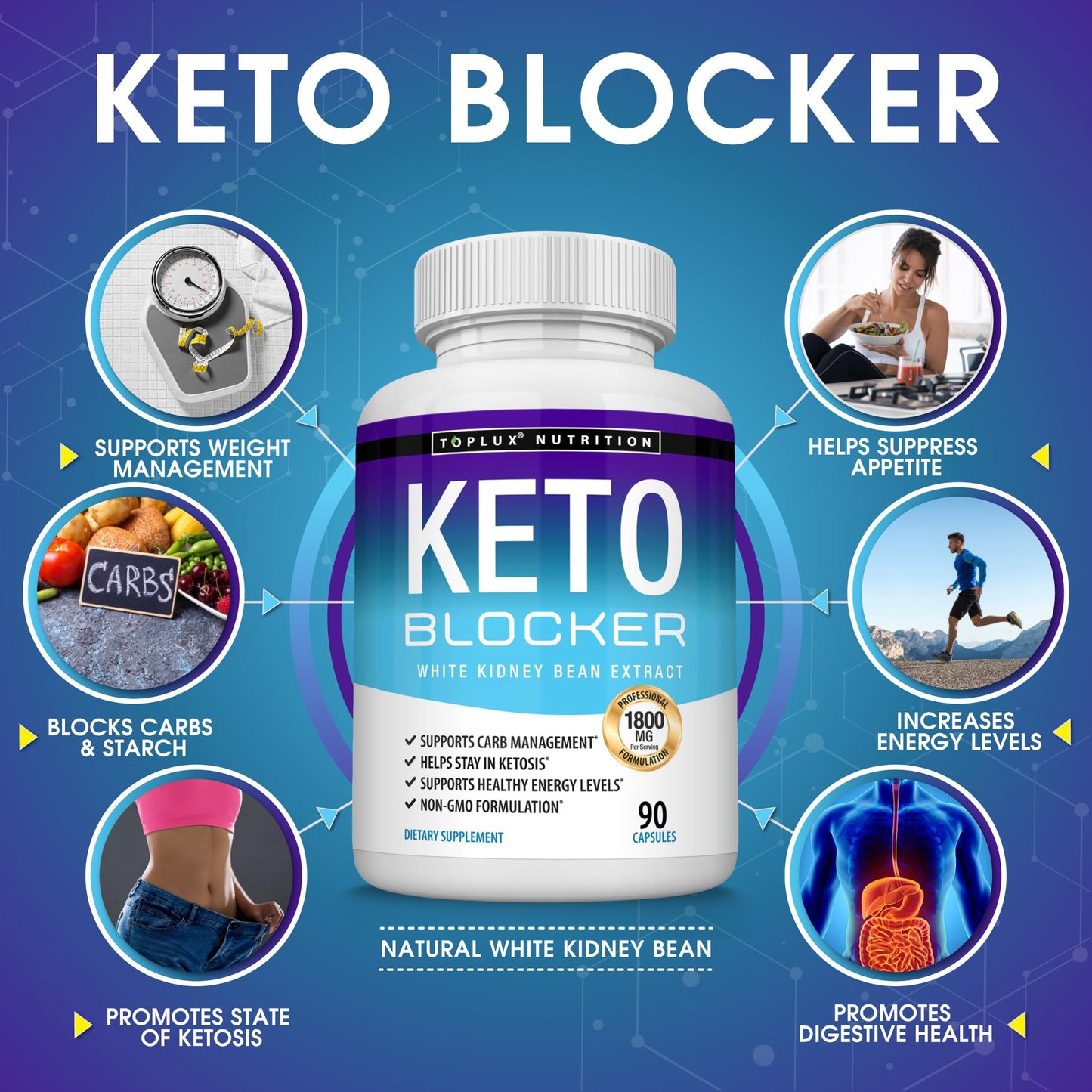 Toplux Keto Blocker Pills White Kidney Bean Extract 1800 mg Natural Ketosis, Support Keto Diet, for Men Women, 90 Capsules
