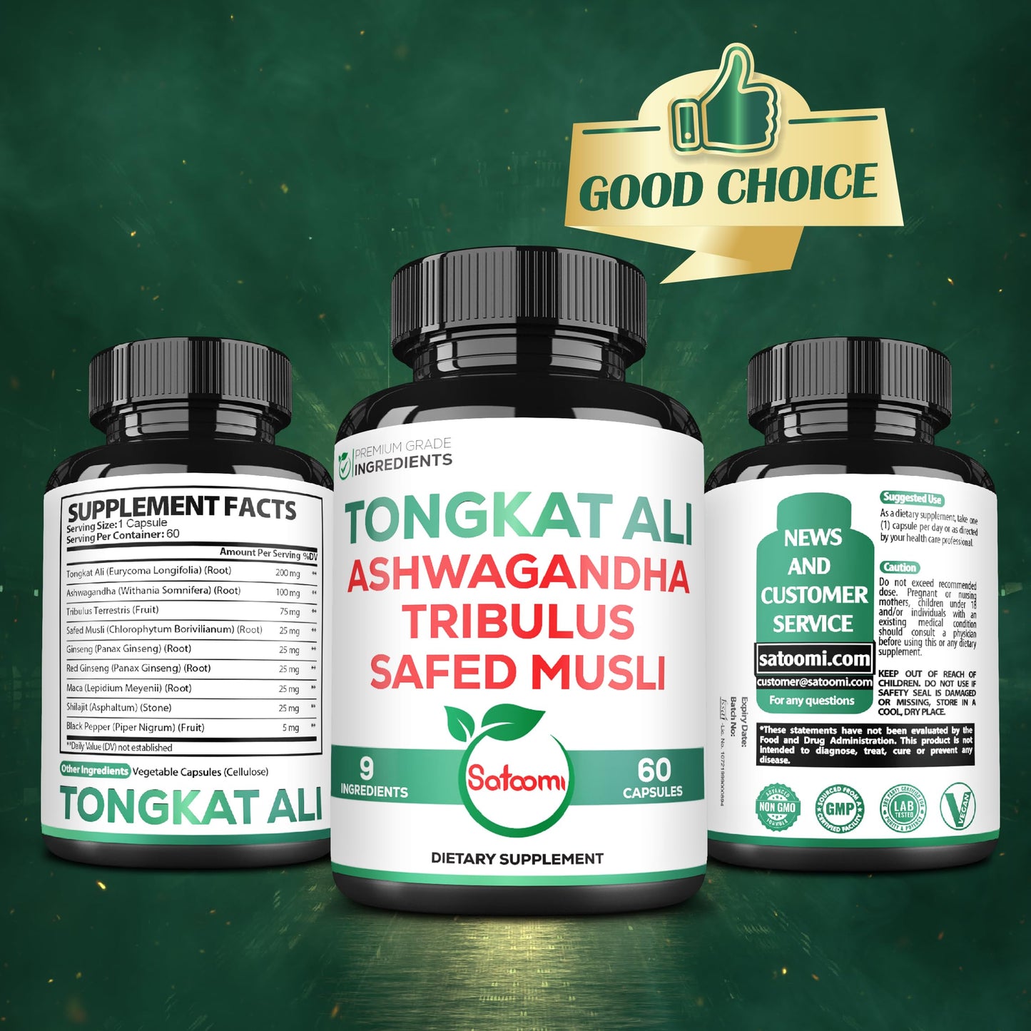 Satoomi Tongkat Ali Root Extract 200:1-9 Essential Herbs with Ashwagandha, Tribulus Terrestris & More - Support Strength, Energy and Healthy Immune, 60 Capsules