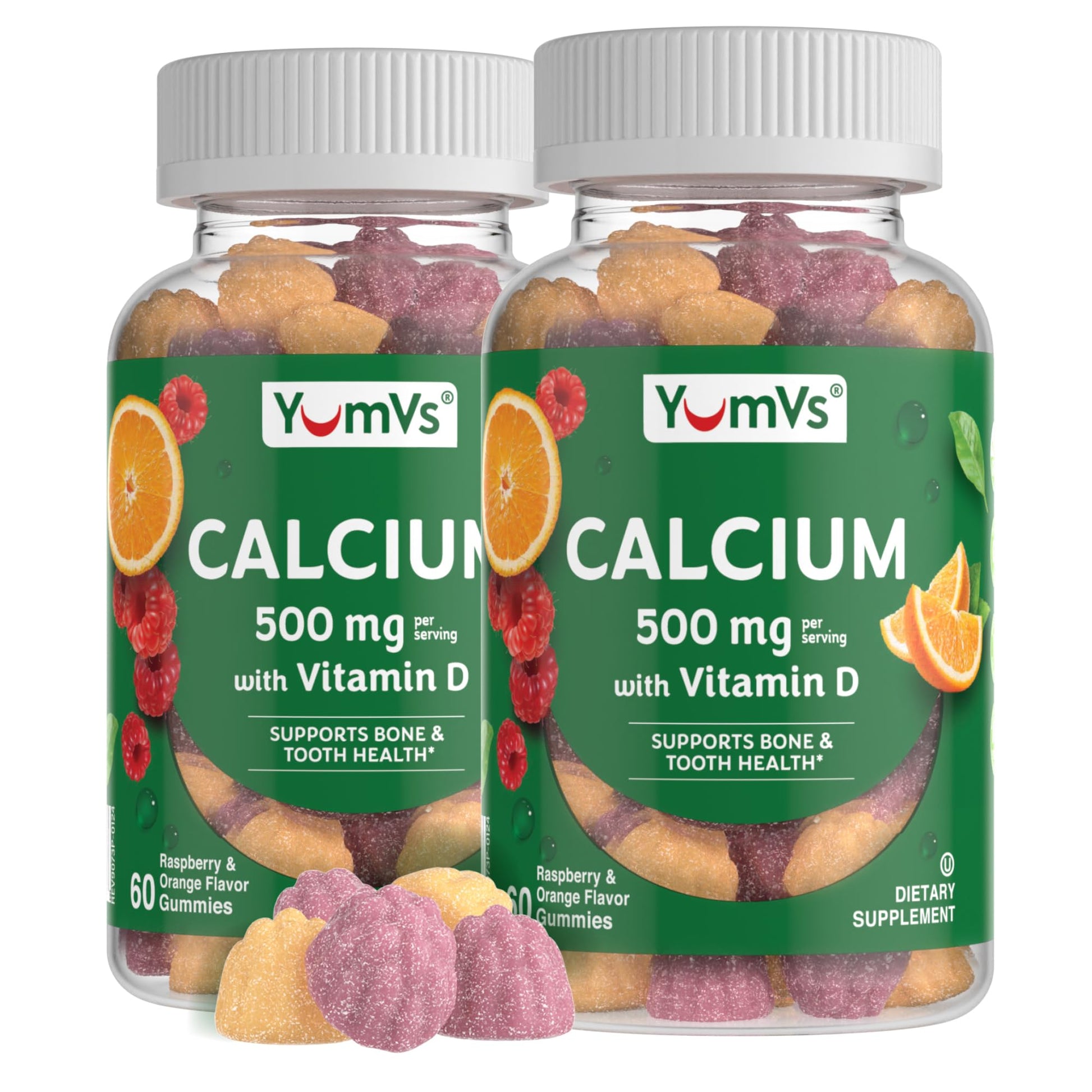 YUM-V'S Calcium 500mg with Vitamin D3 Gummies, Raspberry & Orange Flavor, 60 Gummies