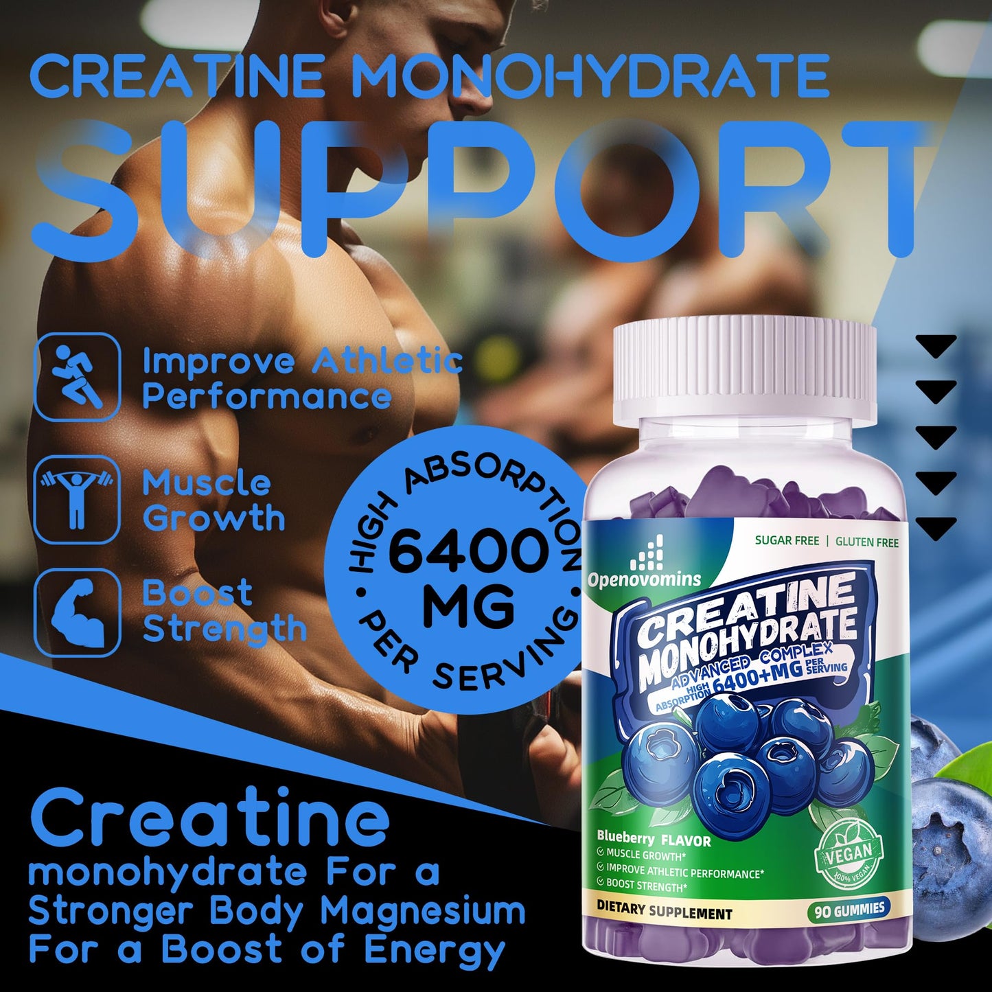 Openovomins Creatine Monohydrate Complex for Men & Women - Advanced Formula W/L-Taurine + Vitamin B12, Sugar Free Chewable Supplement, Gummies, 90 Count