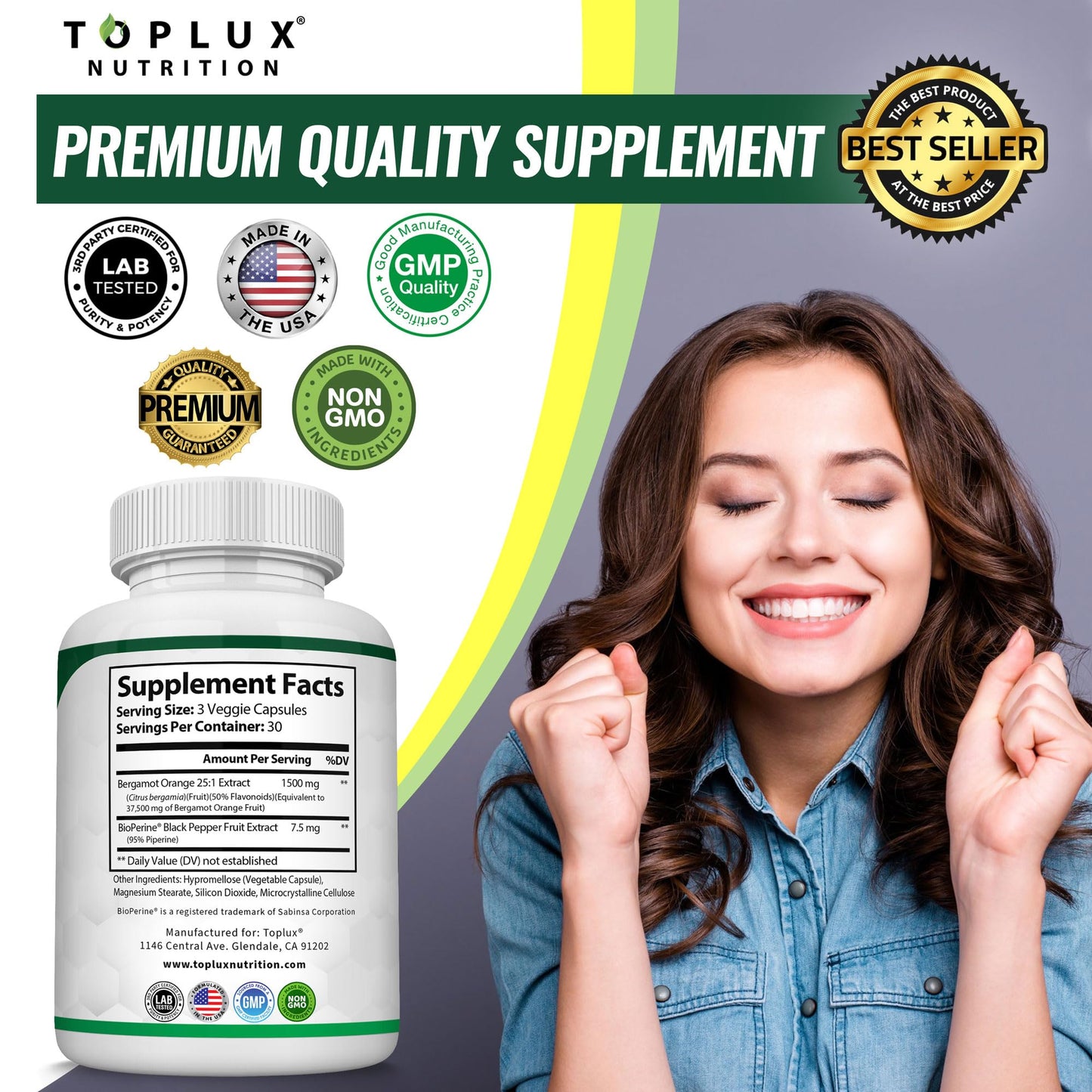 Toplux Citrus Bergamot 1500mg (25:1) Bergamot Extract Capsules, 90 Count
