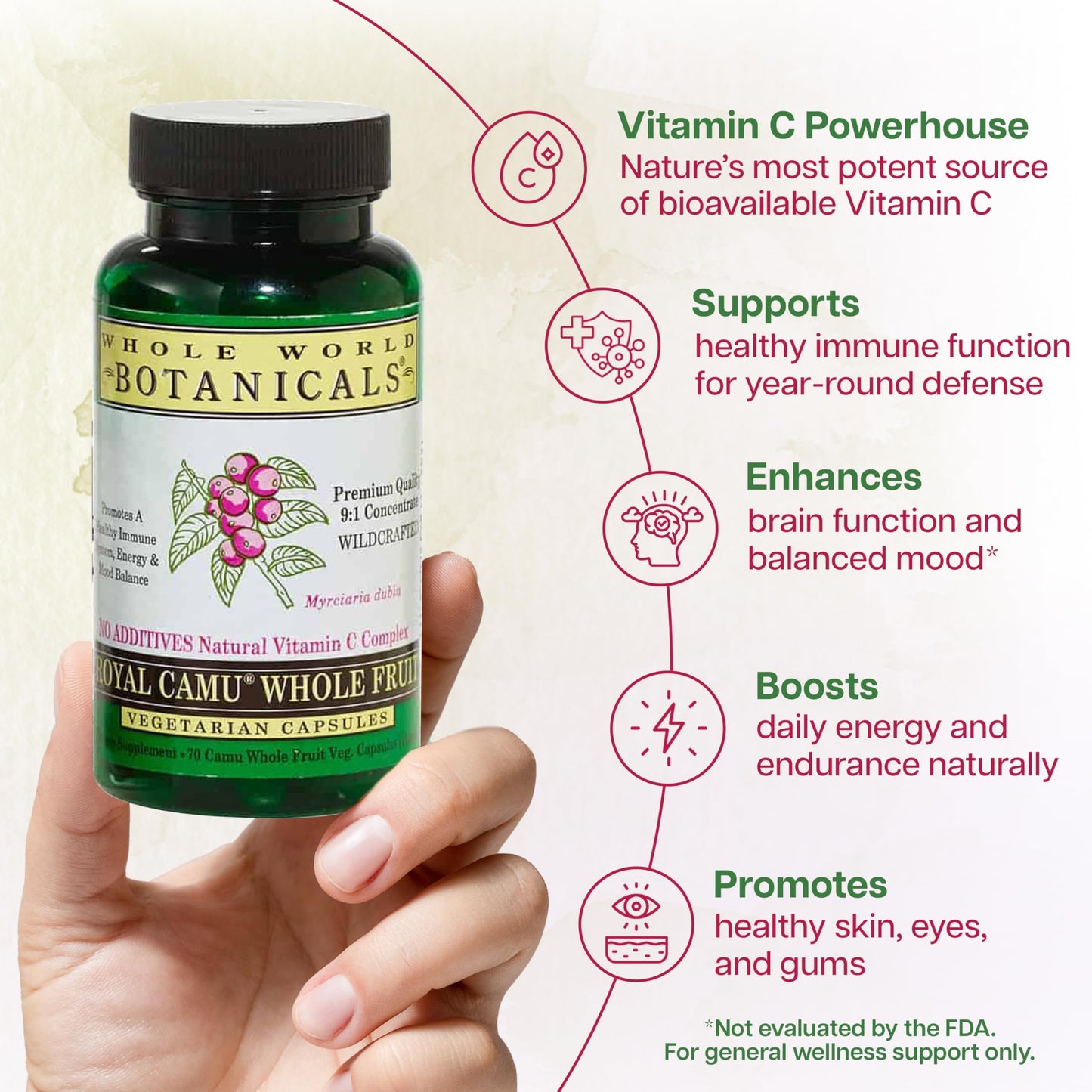 Whole World Botanicals Royal Camu Camu Powder - Whole Fruit (Dark) Powder Natural Vitamin C Source Capsules, 120 Count
