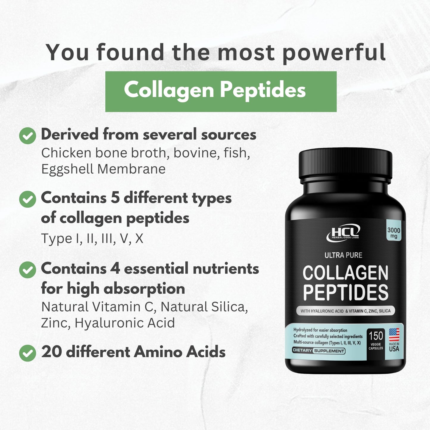HCL Herbal Code Labs Collagen Peptides Powder with Vitamin C & Hyaluronic Acid - Hydrolyzed Multi Type I, II, III, V, X - Skin Hair Supplement, 1 oz
