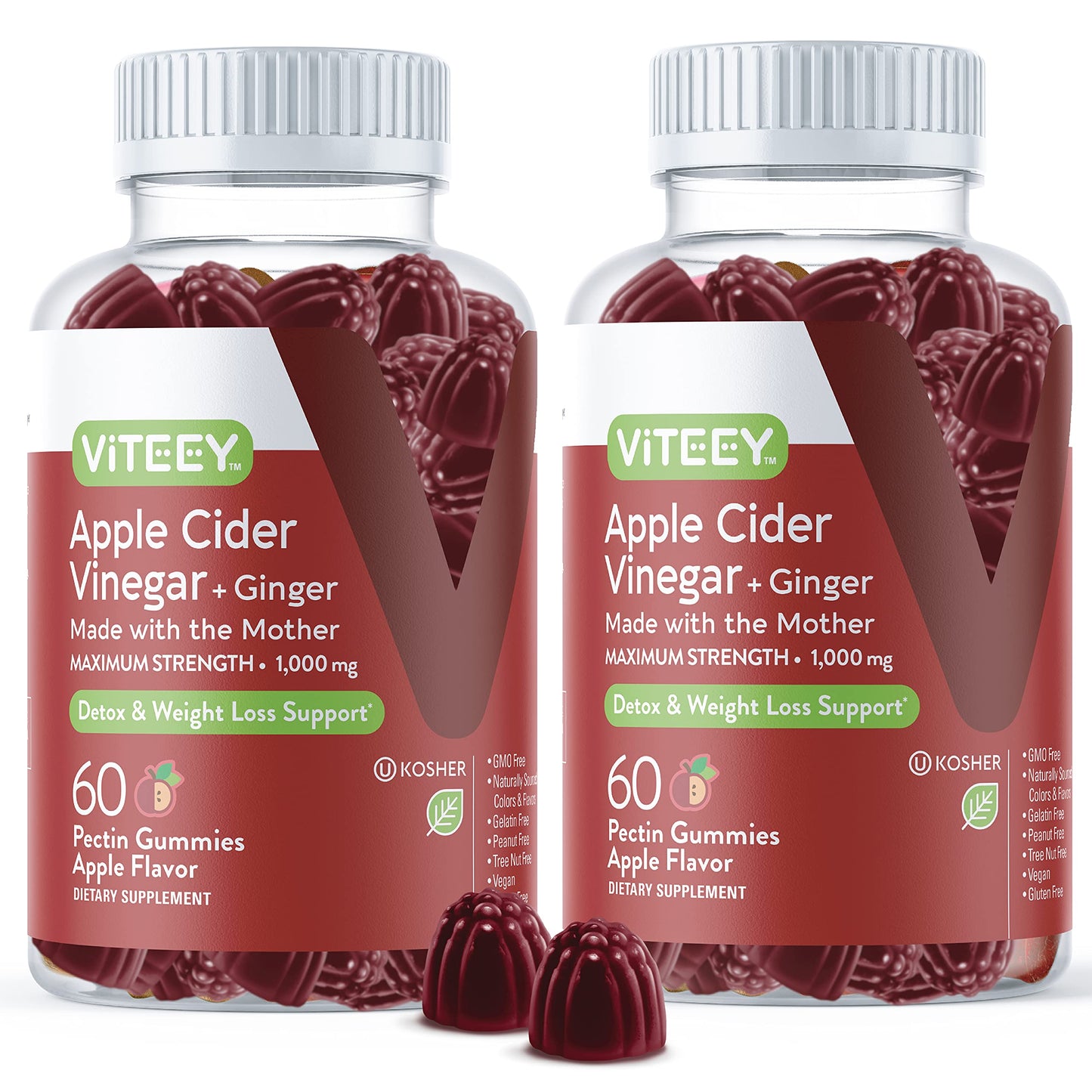 Viteey Apple Cider Vinegar Gummies with Ginger - 1000mg Pectin Gummy, 120 Count
