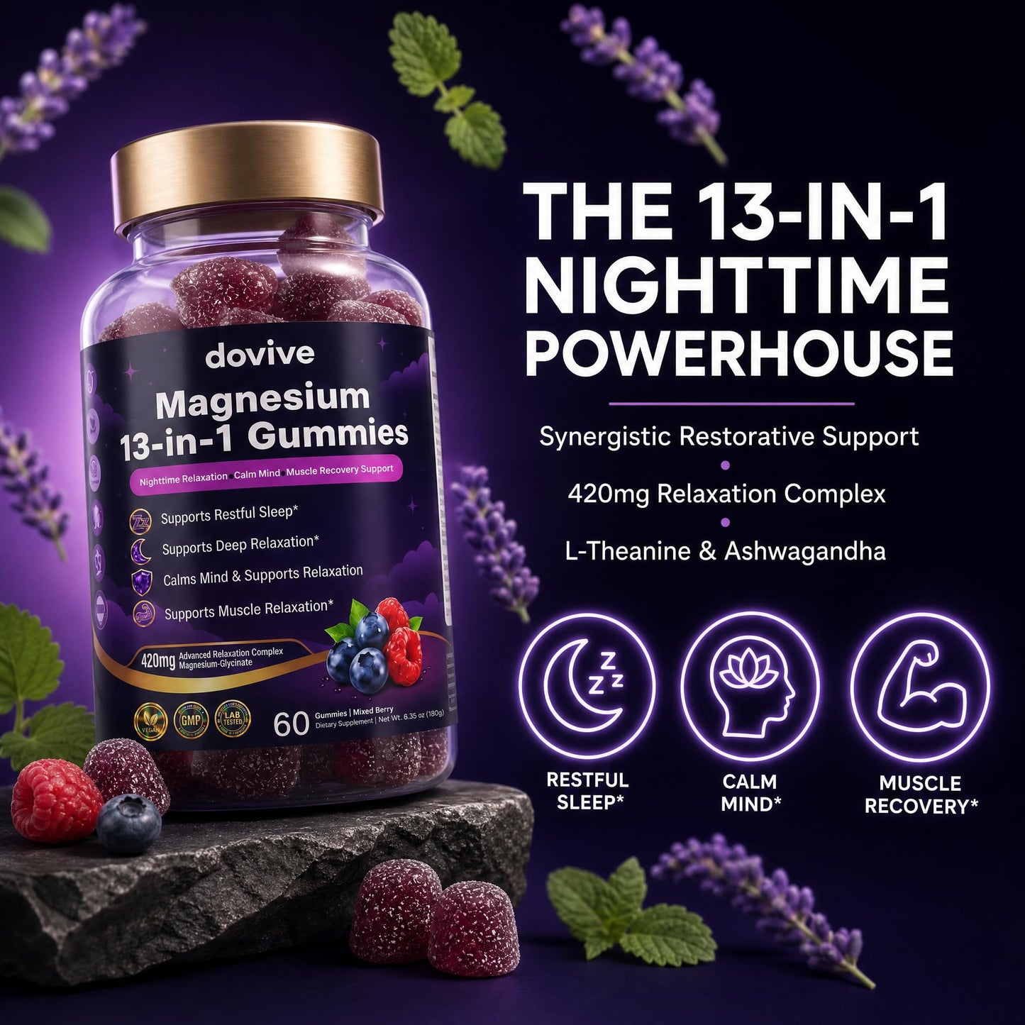 DOVIVE Magnesium Gummies for Relaxation with L-Theanine 200mg – Magnesium Citrate & Glycinate, Ashwagandha, Lemon Balm, Passionflower, Chamomile – Calm & Stress Support – Mixed Berry 60 Count