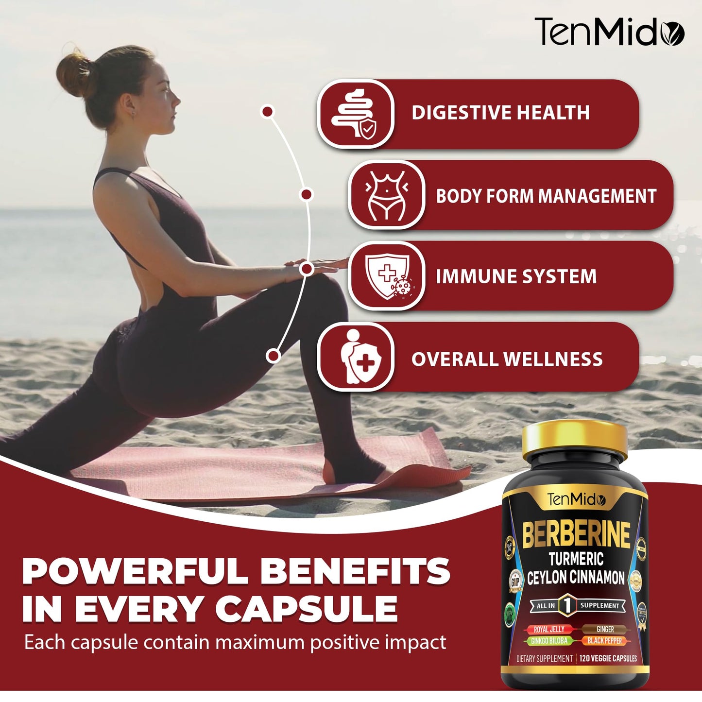 Tenmido Berberine Supplement 7in1 Formula with Turmeric, Royal Jelly, Ceylon Cinnamon, Ginkgo Biloba, Ginger & Black Pepper, Digestive Health & Immune Support, 120 Capsules