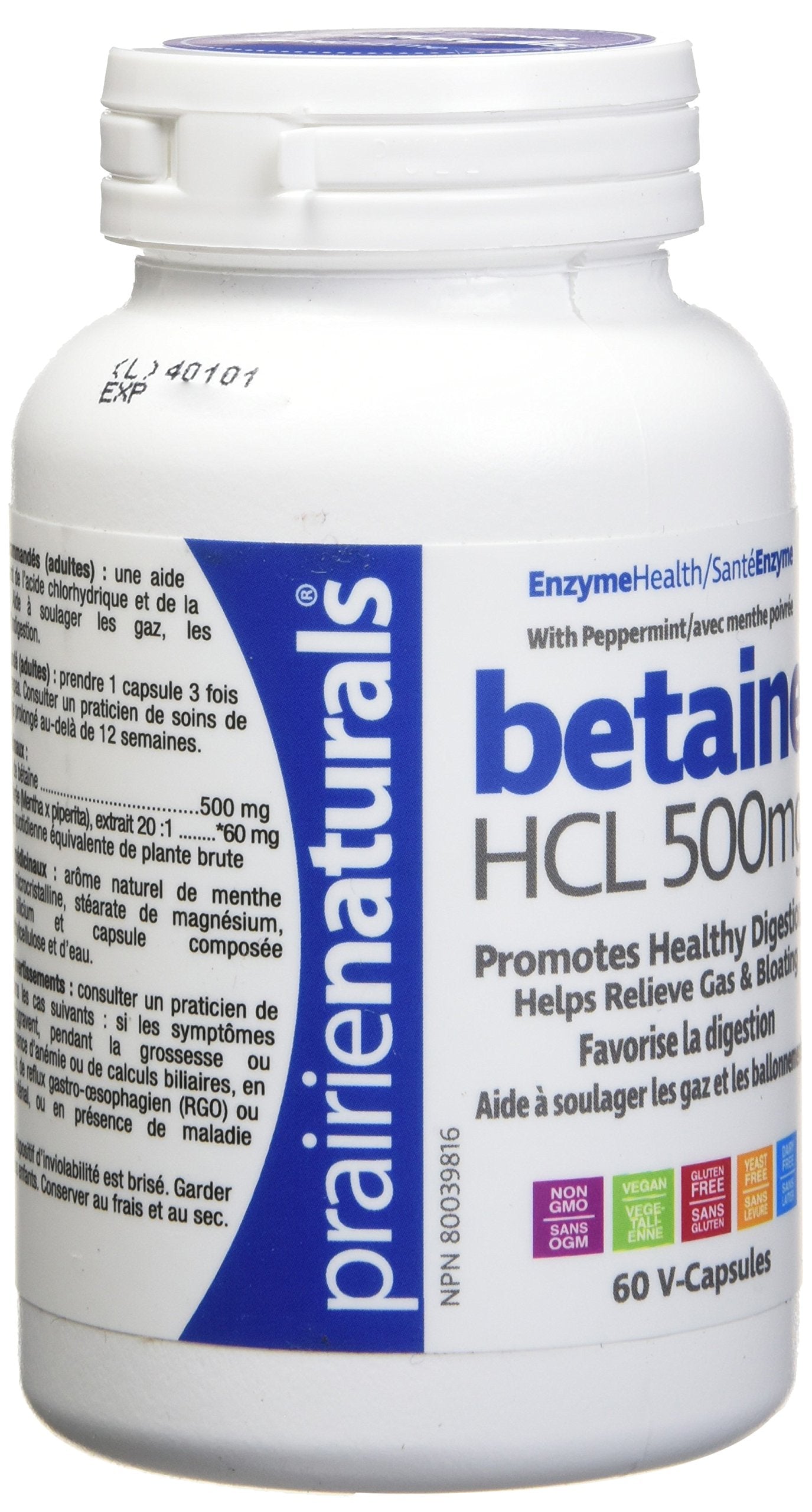 Prairie Naturals Betaine HCl Vegetarian Capsules, 60 Count