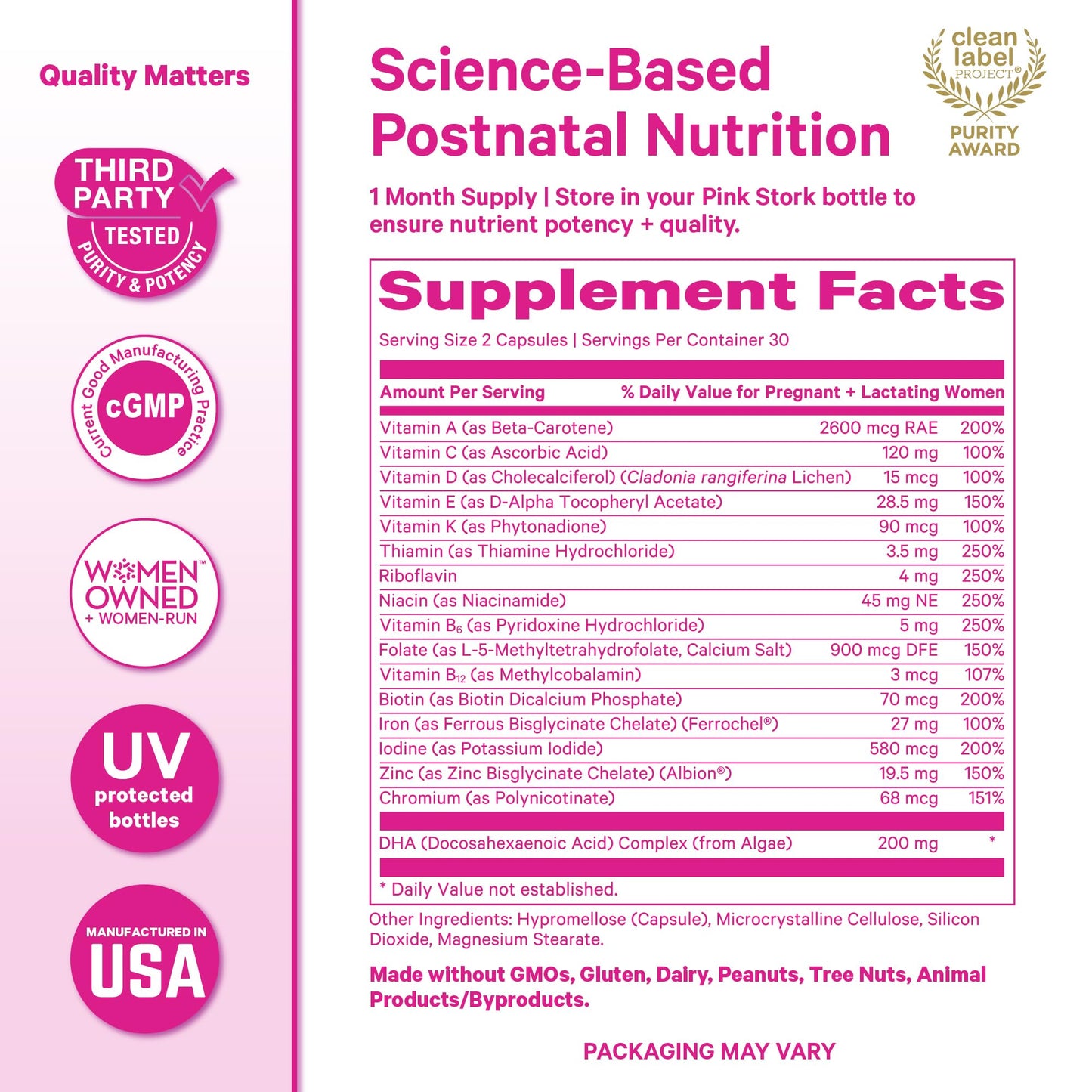 Pink Stork Total Postnatal Vitamins for Women Capsules, 60 Count