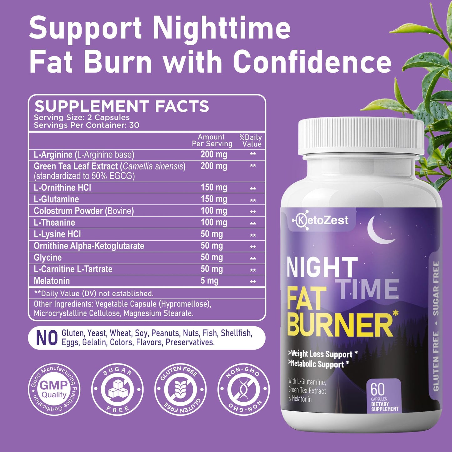 KetoZest Night Time Fat Burner for Weight Loss - Metabolism Booster Nighttime Belly Fat Burn & Natural Appetite Suppressant Supplement for Men Women - Relaxation Weight Control Support Capsule 60