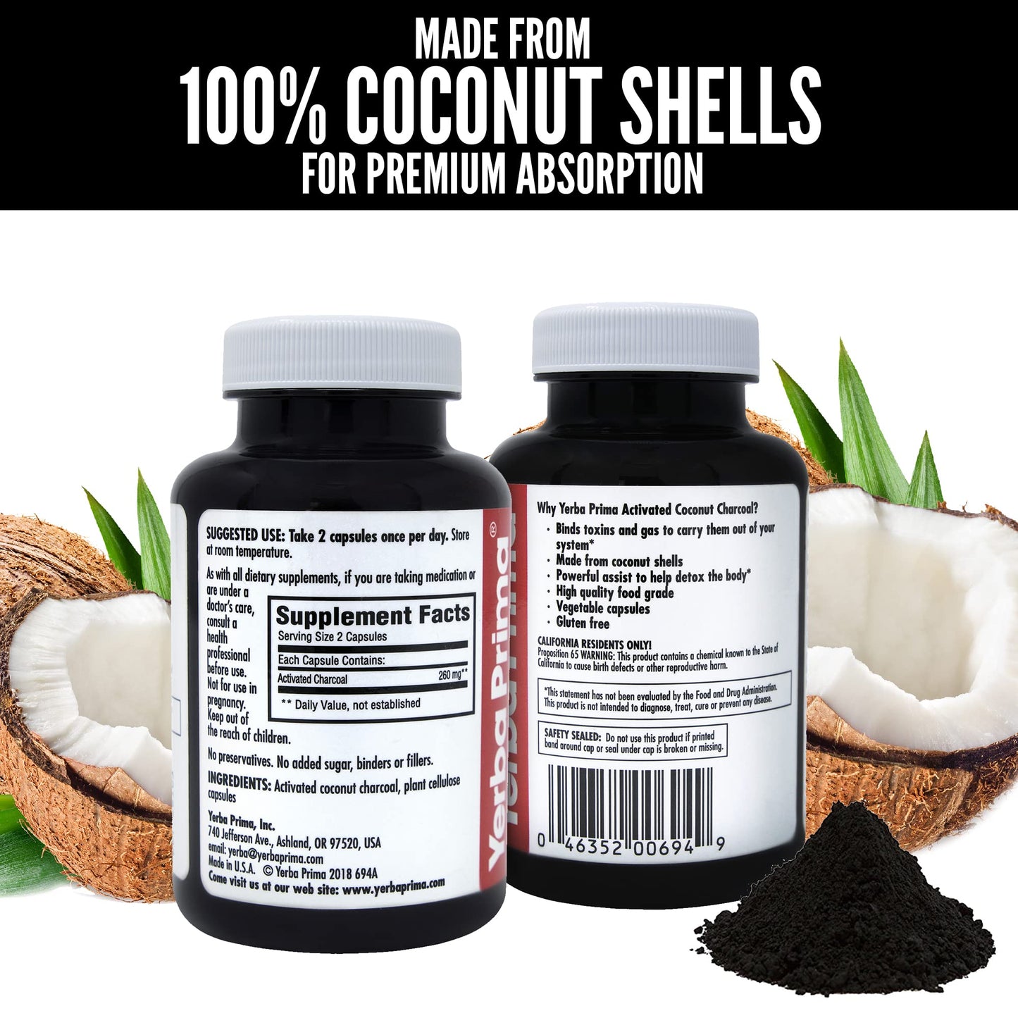 Yerba Prima Activated Coconut Charcoal Capsules, 60 Count